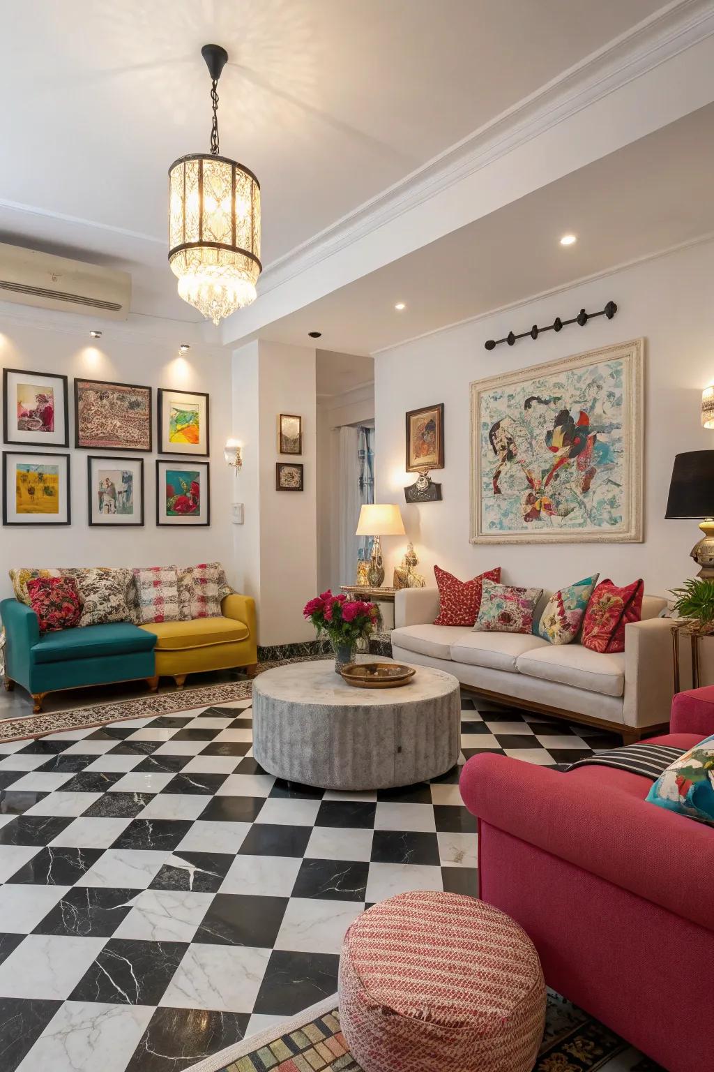 Grid tile flooring infuses a lively yet sophisticated touch.