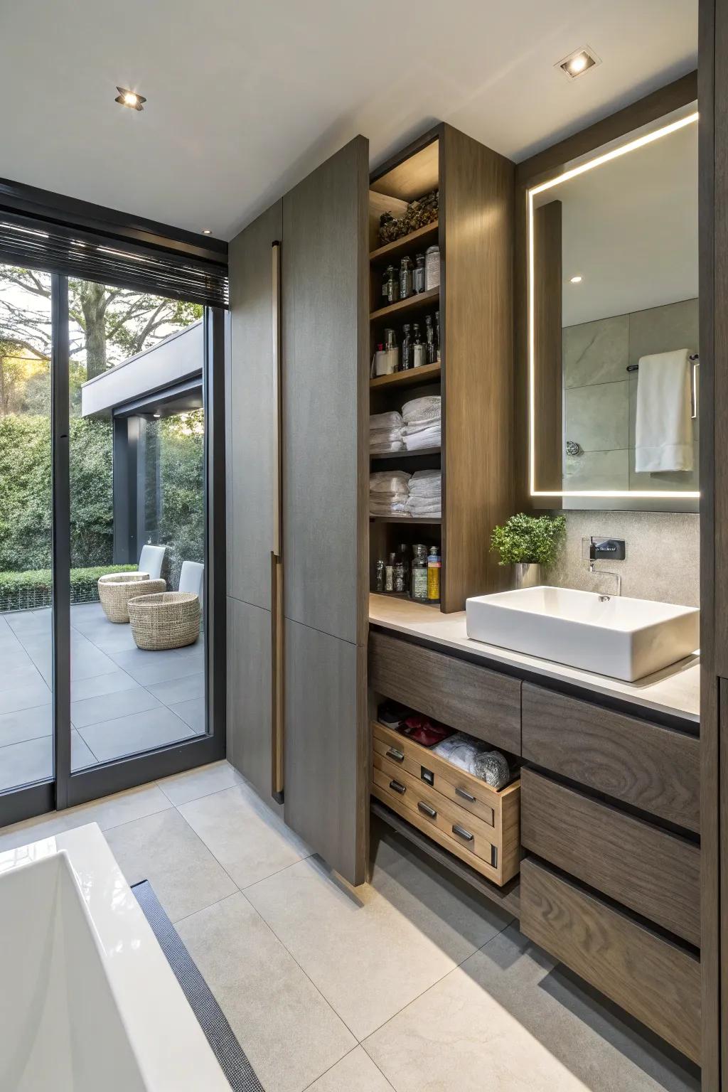 A contemporary bathroom featuring disguised stash spots for a clean look.