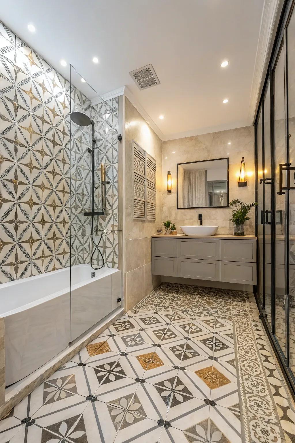 Daring geometric patterns in stone-style polished stoneware showcase modern design flair.