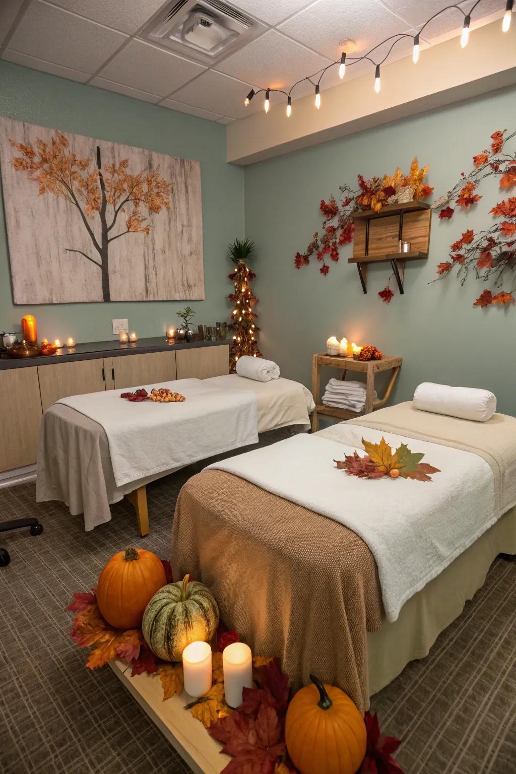 A massage room updated through seasonal decor elements for a fresh look.