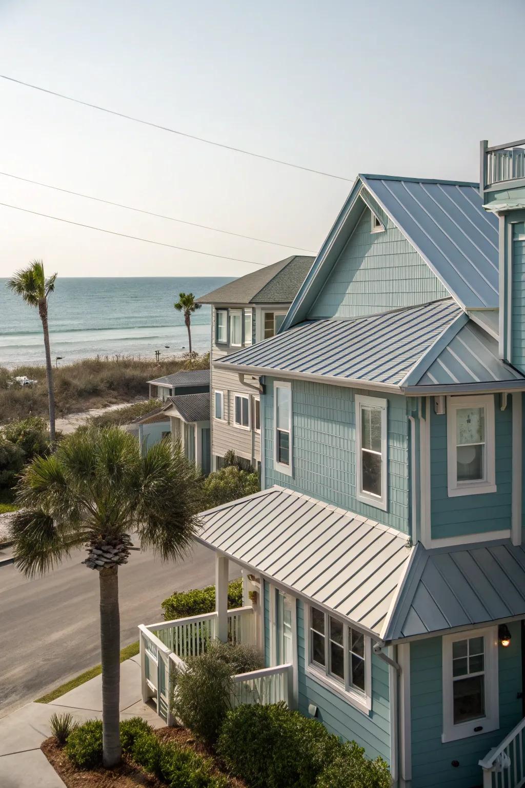 A beachside community home with ocean-inspired metal wall cladding for a cool coastal vibe.