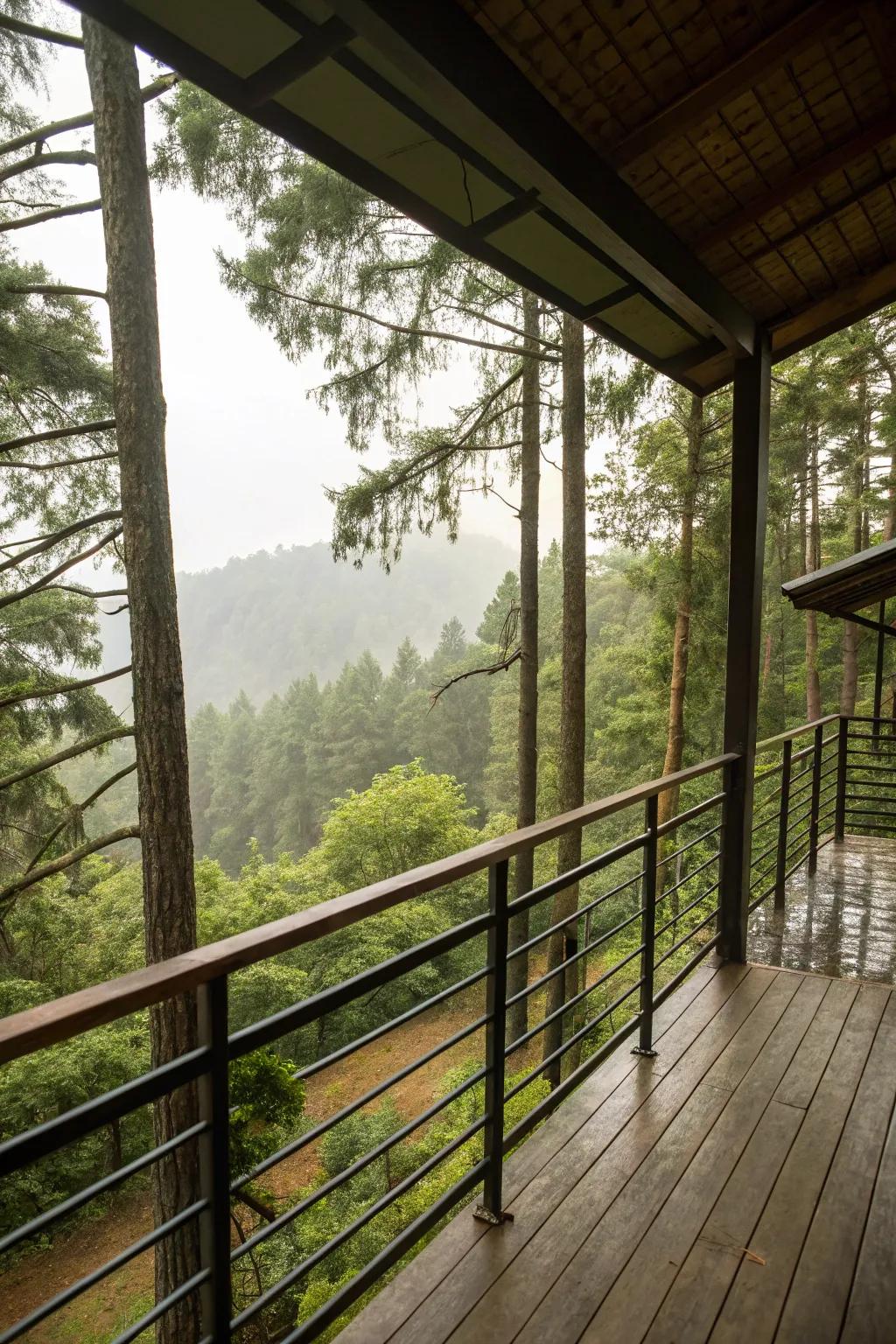 Balcony with railings made from recycled materials, overlooking a forest