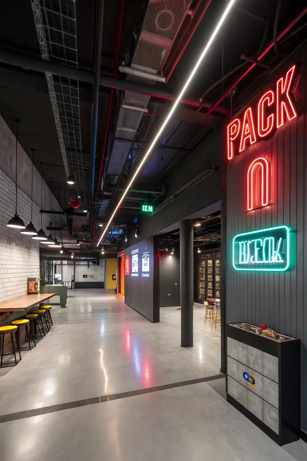 Neon marks append a playful and contemporary vibe to the basement.