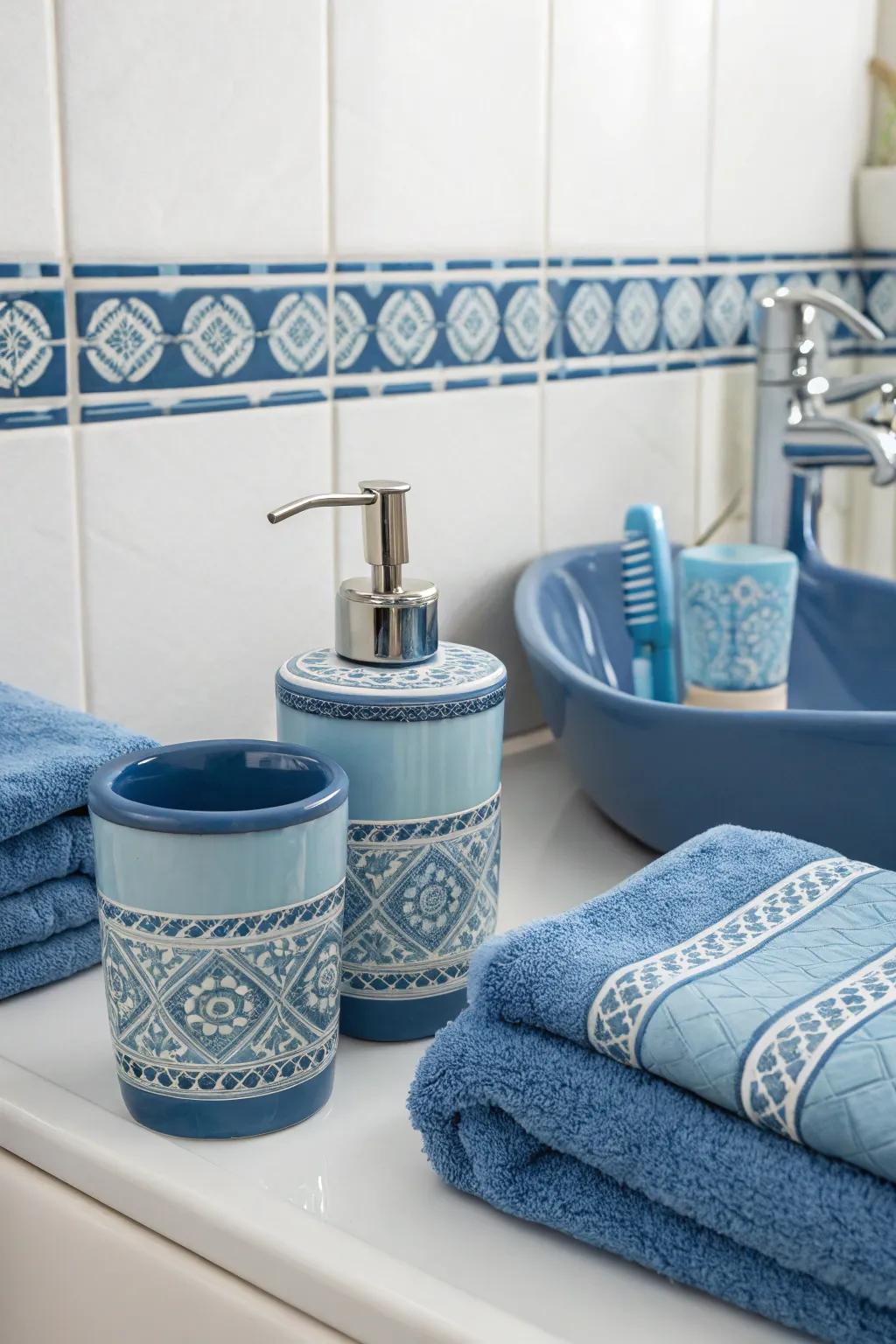 Coordinating azure fixtures meld the area through subtle elegance.