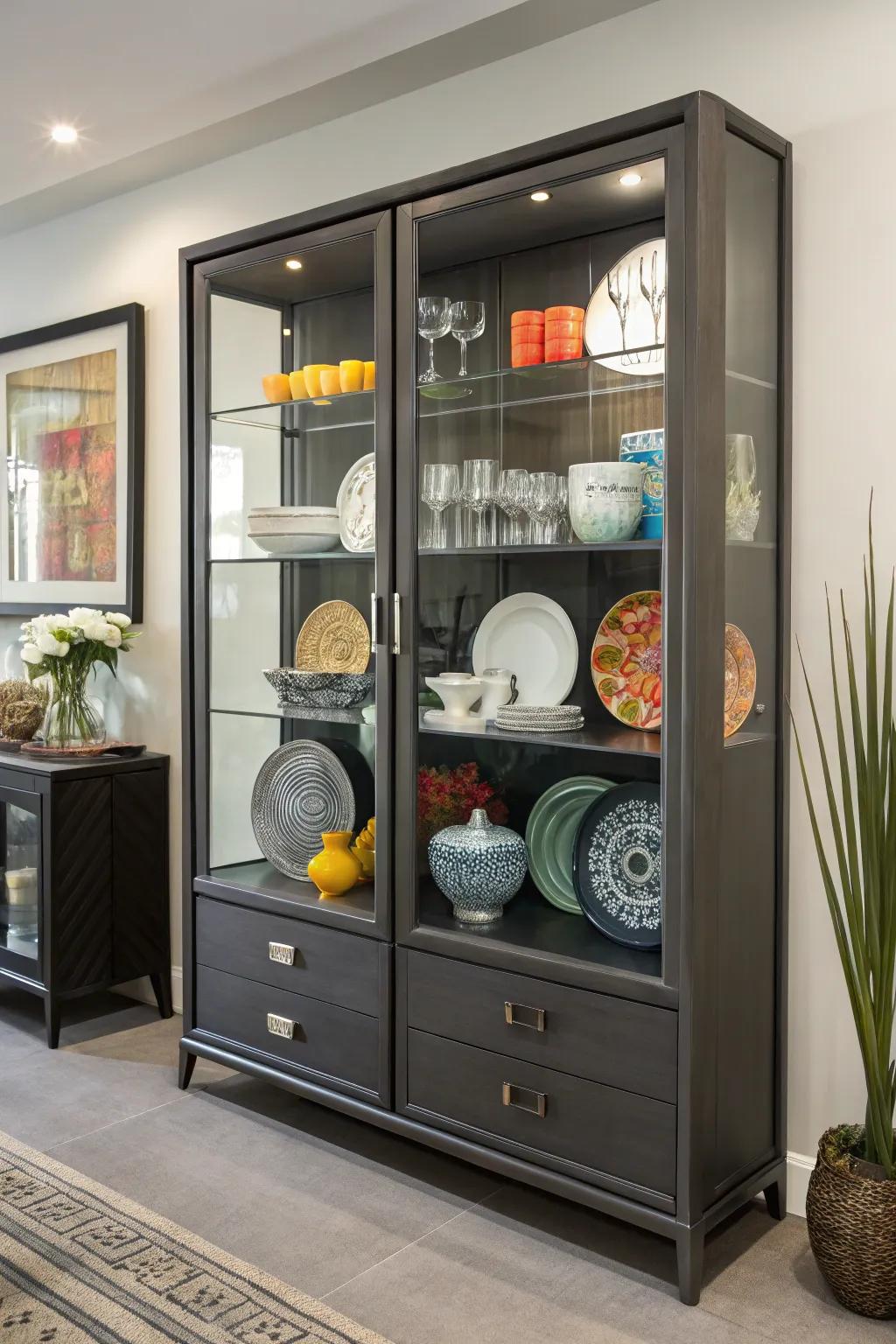 A dynamic arrangement keeps a china cabinet fresh.
