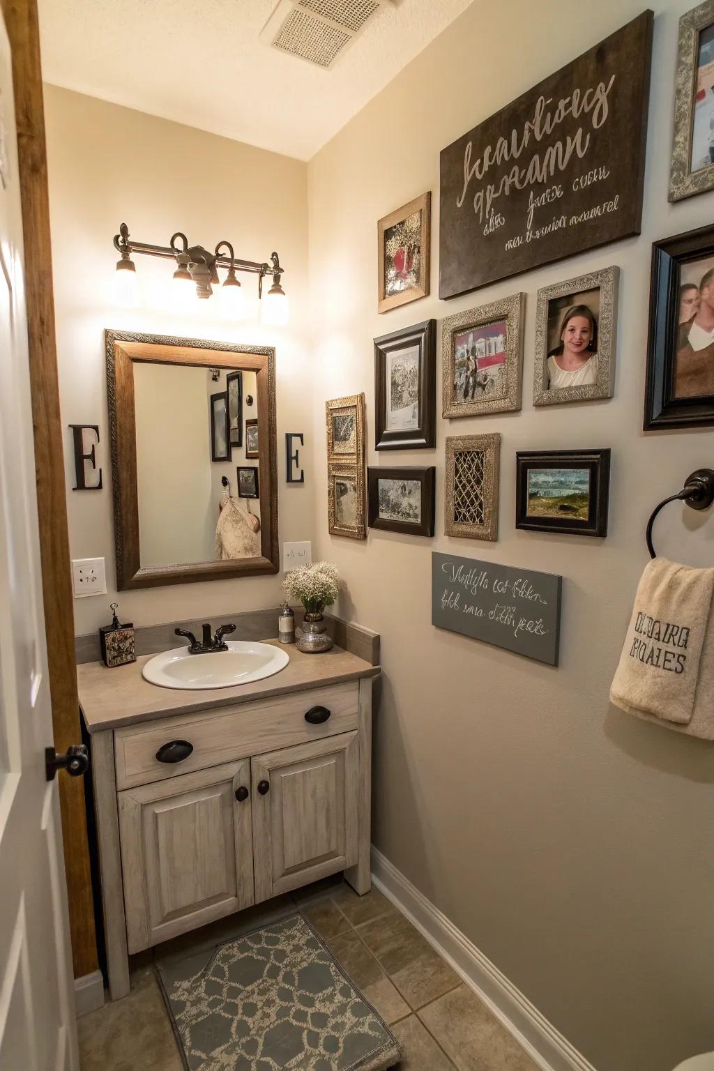 Personal photos and customized signs in a powder room.