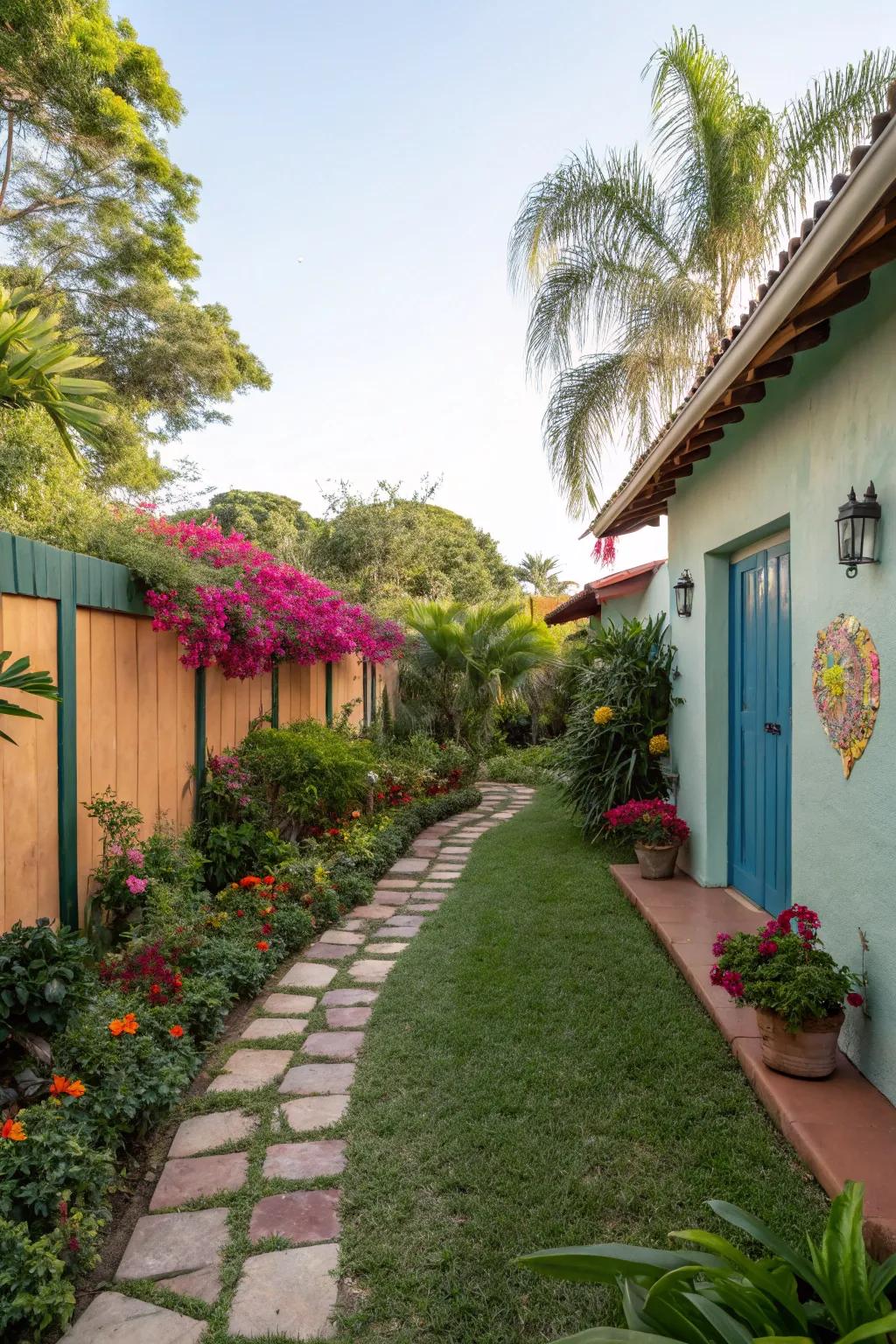 A vibrant wall contributes a playful touch to the yard.