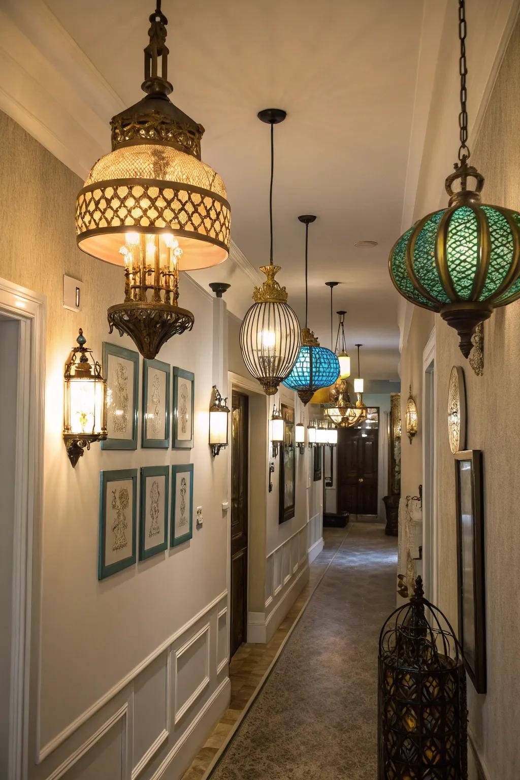 Eclectic fixtures can infuse personality into narrow hallways.