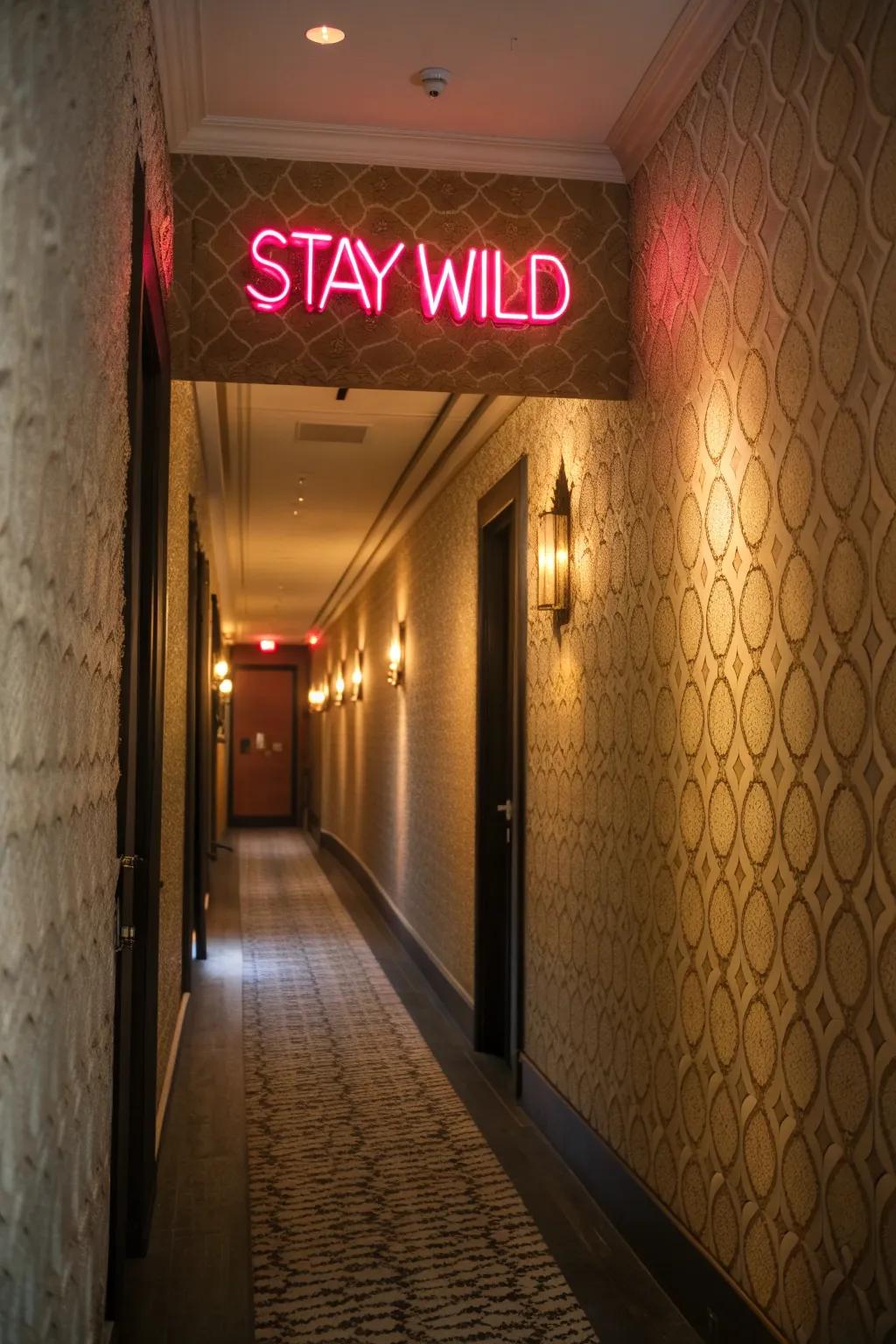 A neon sign pops against textured surfaces for added depth.