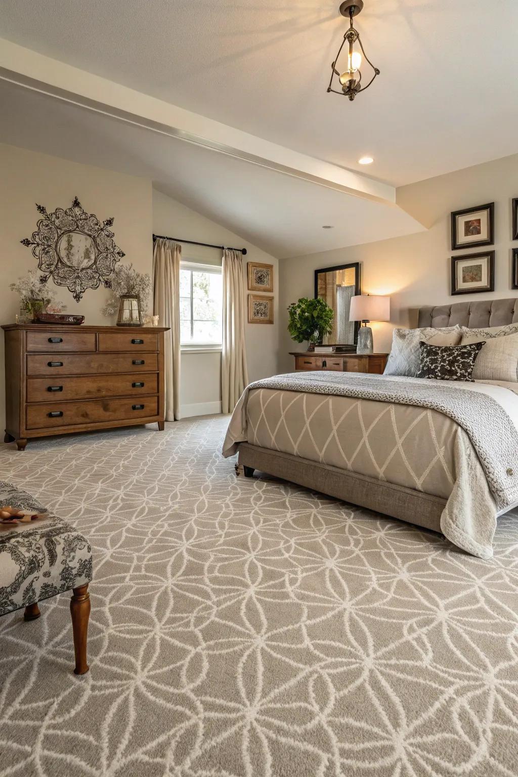 Unexpected patterns in neutral carpets add personality and flair.