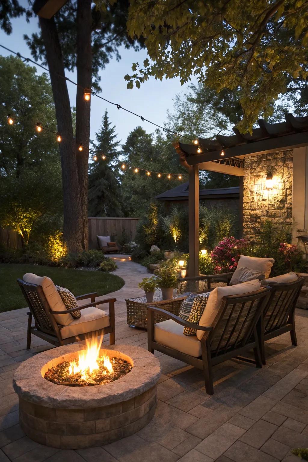 An al fresco spark source delivers warmth and ambiance for gatherings.