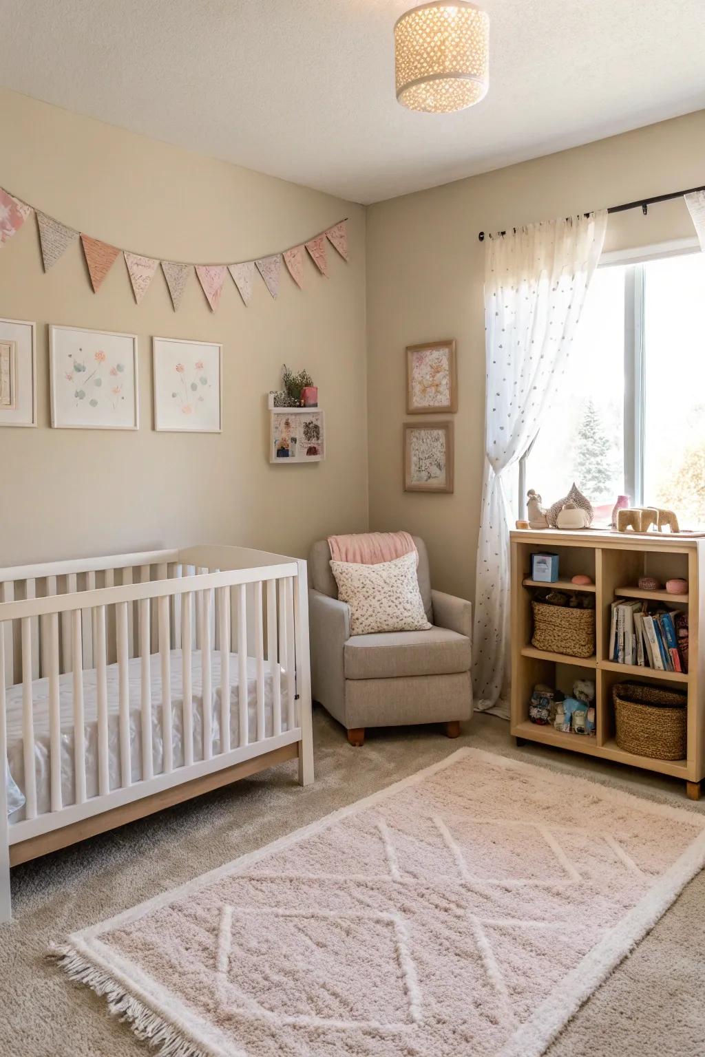 Subdued colors furnish a calming and versatile backdrop for a nursery nook.