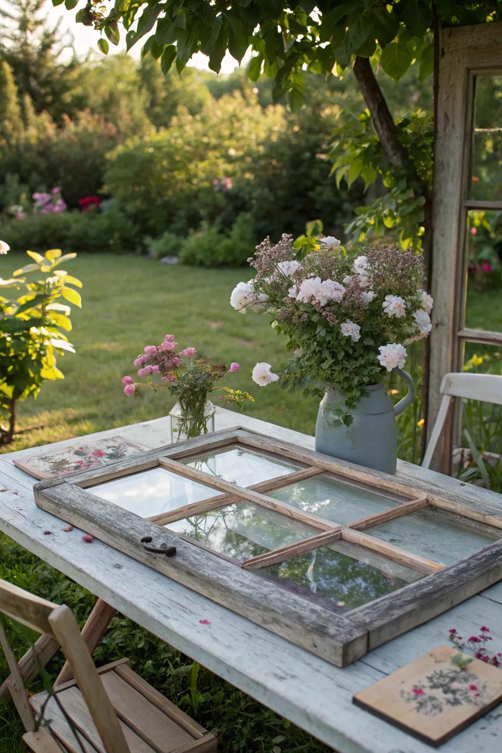 Reclaimed window frame table tops bring vintage charm and nostalgia to outdoor areas.