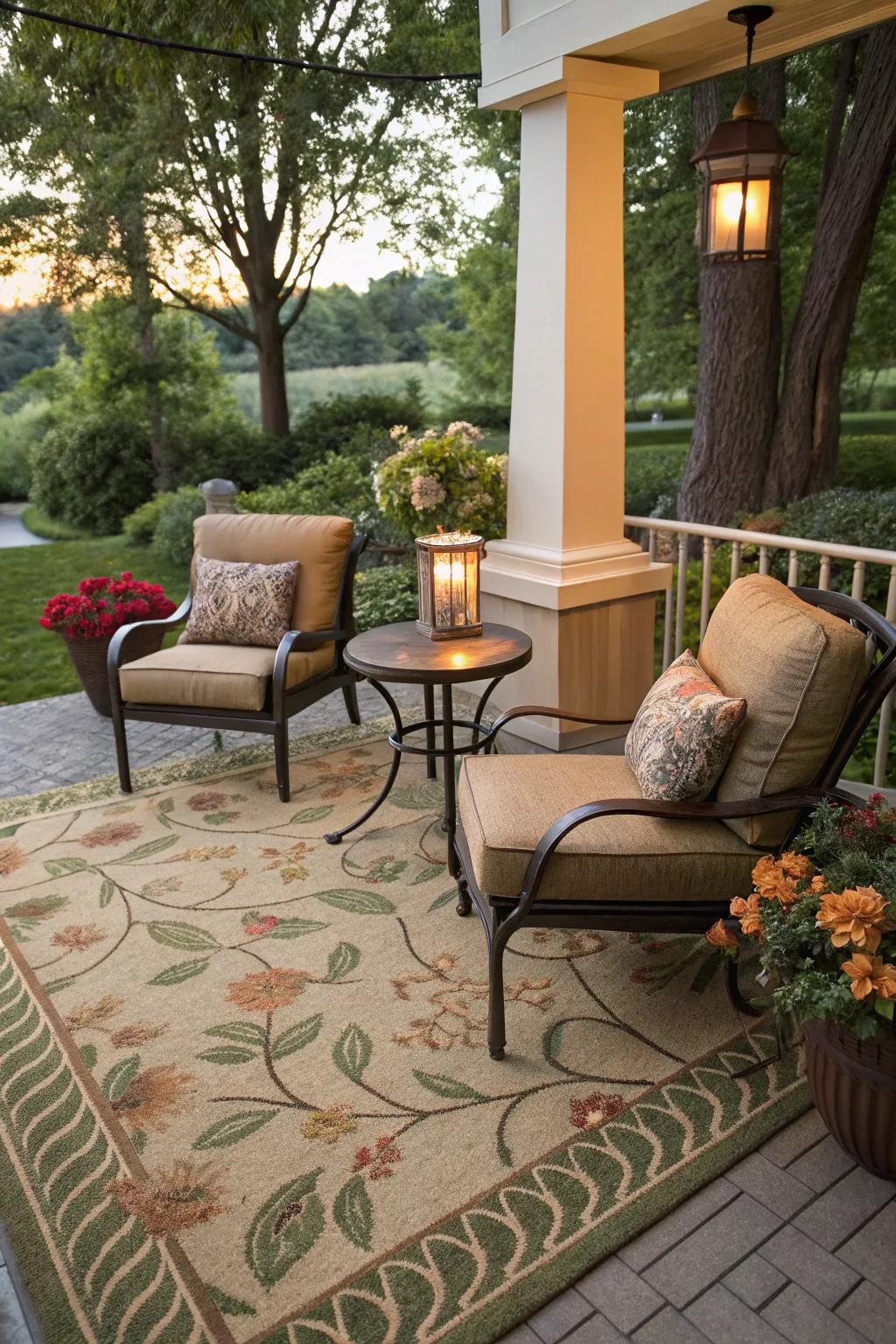 Convey indoor solace outdoors with an outdoor carpeting.