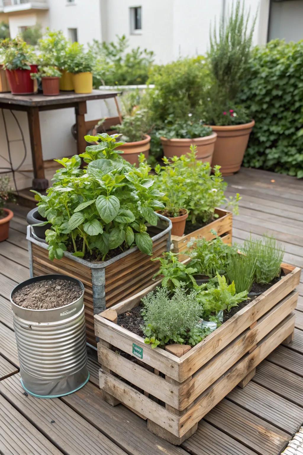 Herb garden using recycled materials.