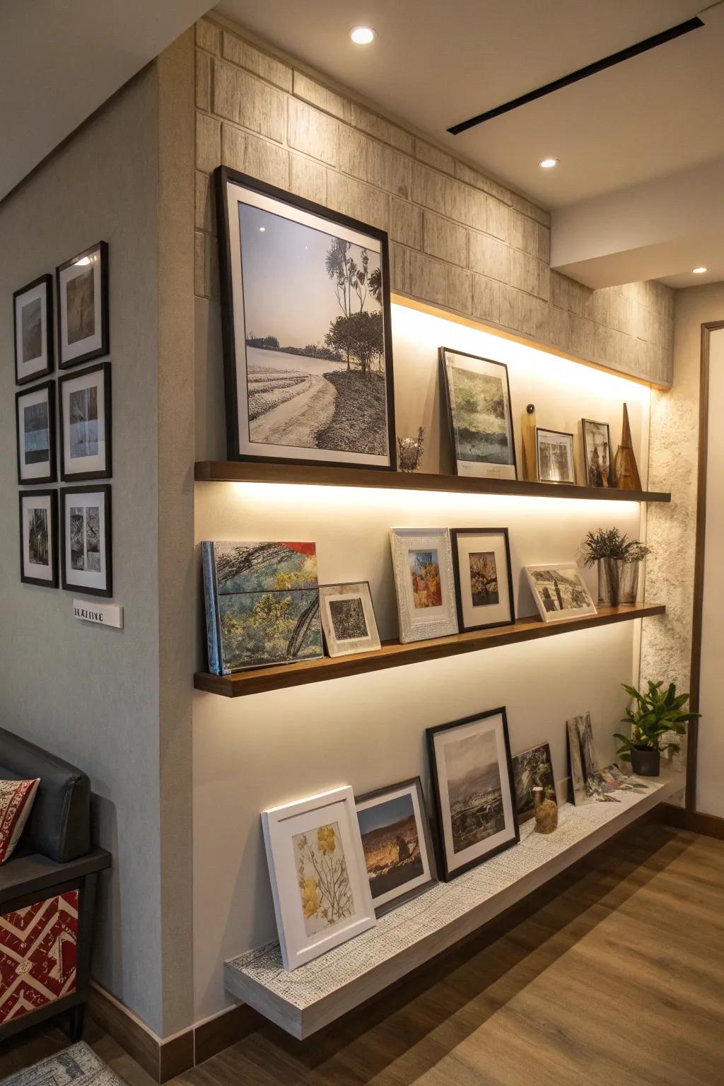 An unforeseen corner picture ledge becomes an artistic focal element.