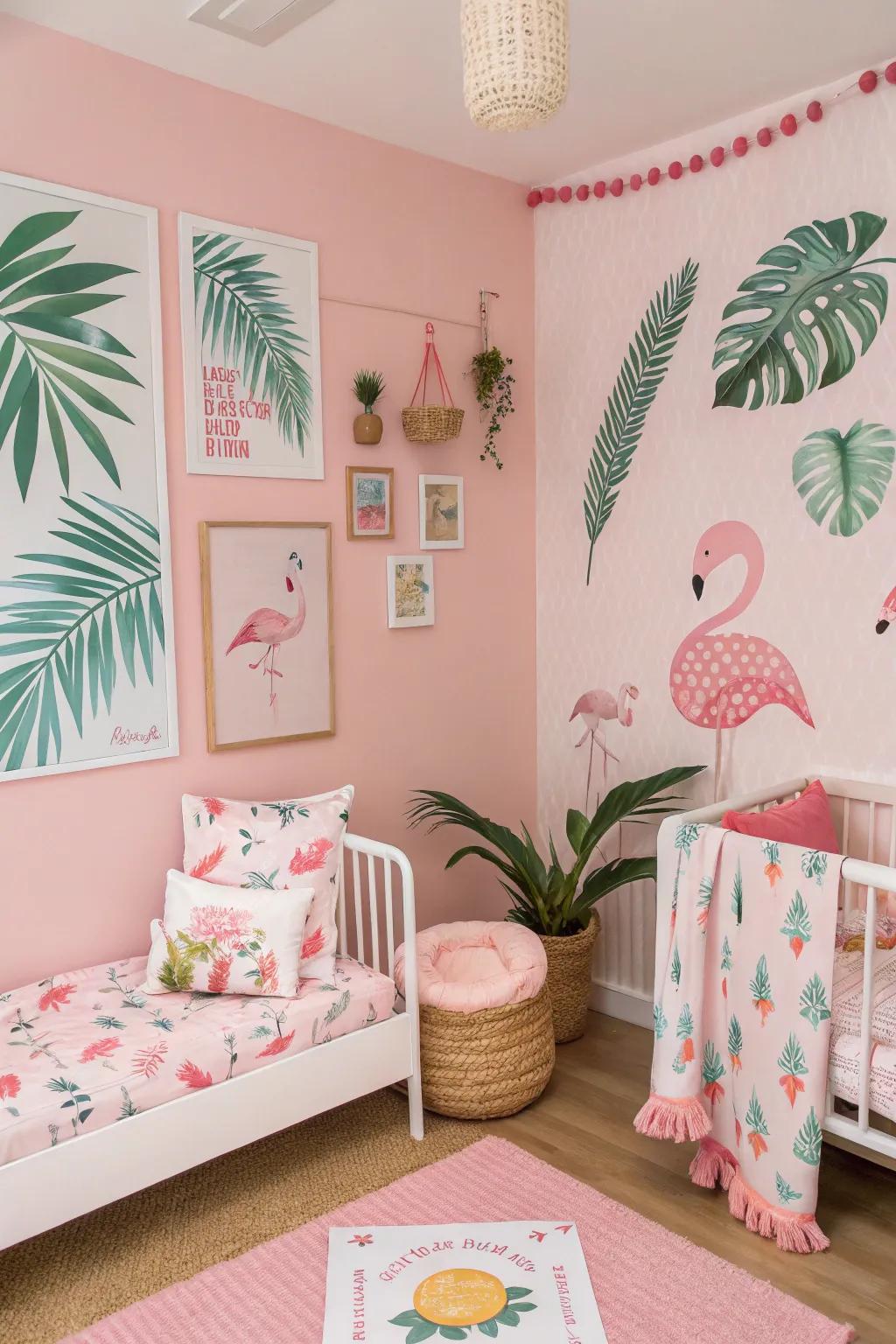 Tropical elements contribute a playful and adventurous twist within the nursery.