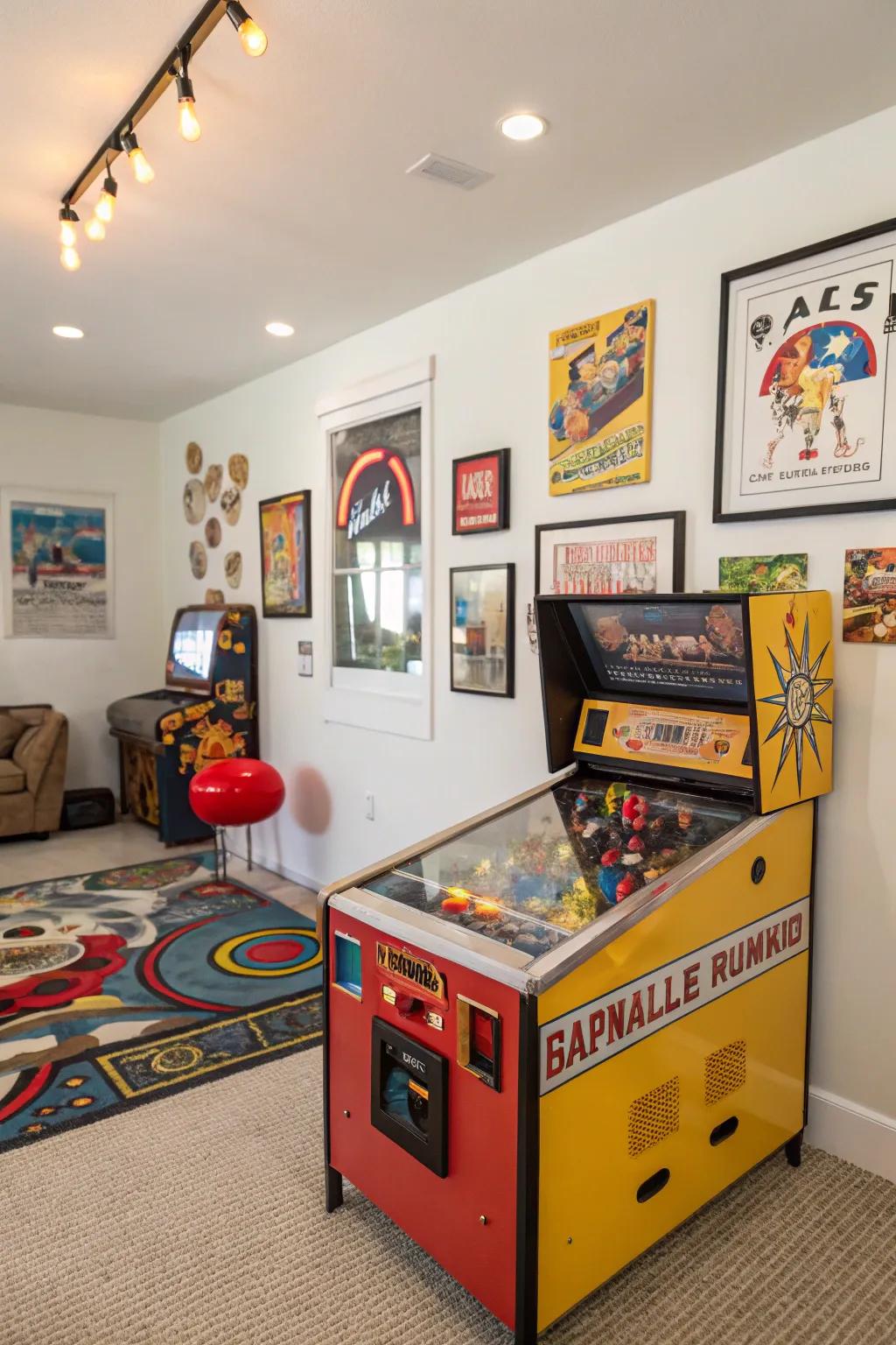 A playroom showcasing a vintage pinball machine.