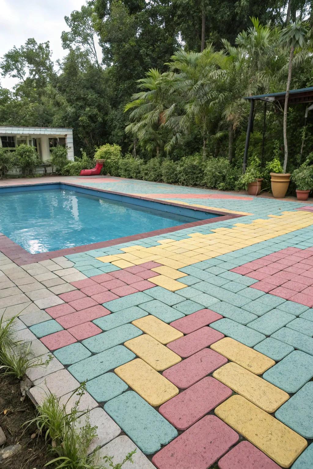 Create a vibrant and playful look with multi-colored paver patterns.