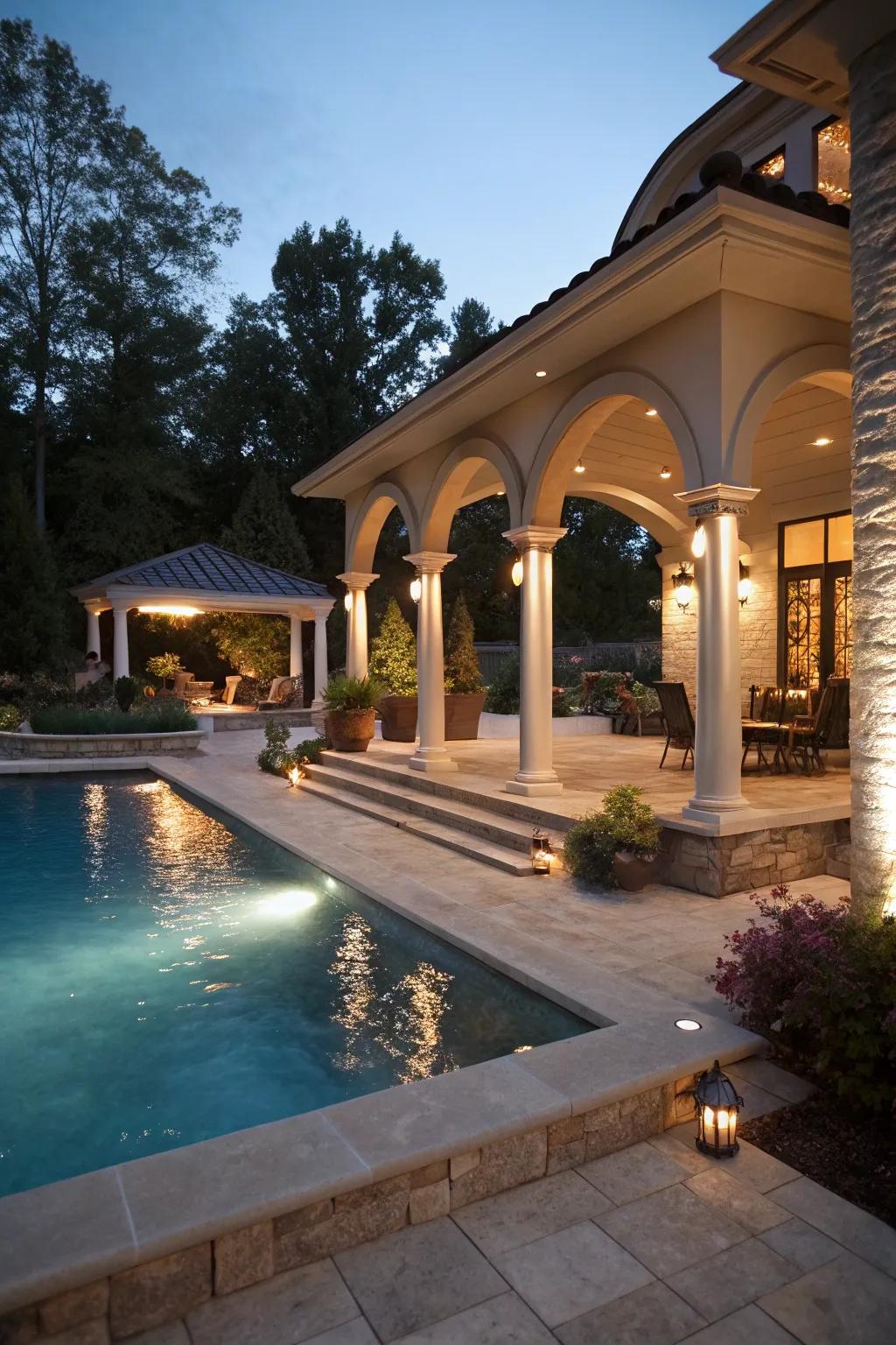 Integrated lighting creates a seamless transition between house and pool.