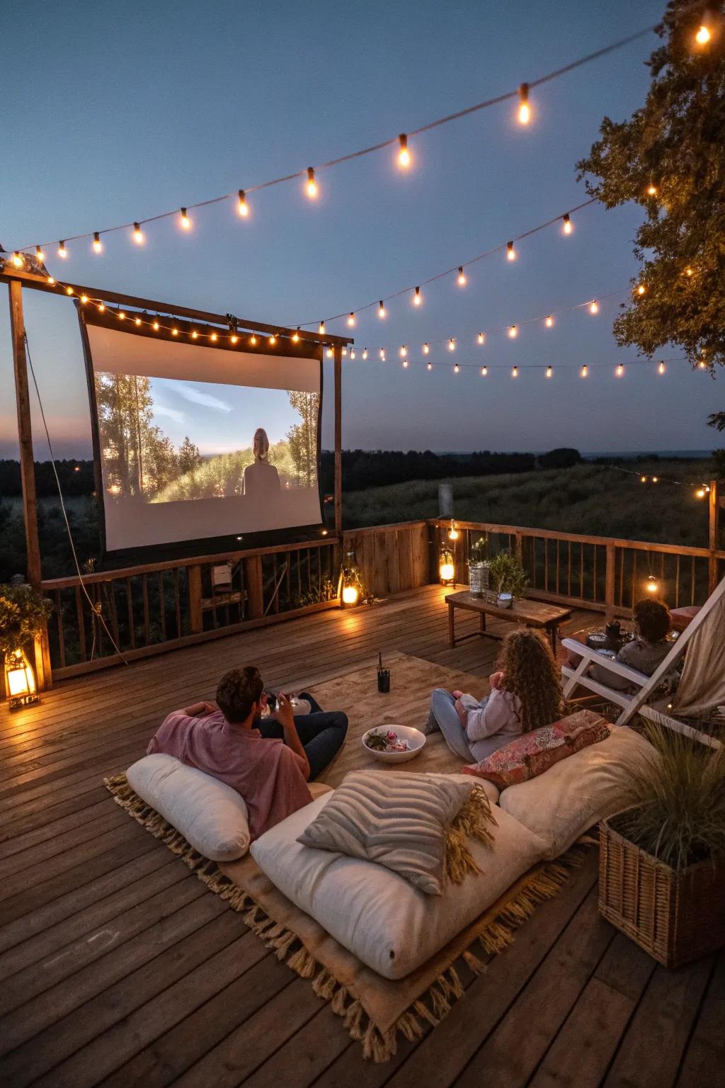 Savor films under the stars through an outdoor deck cinema.