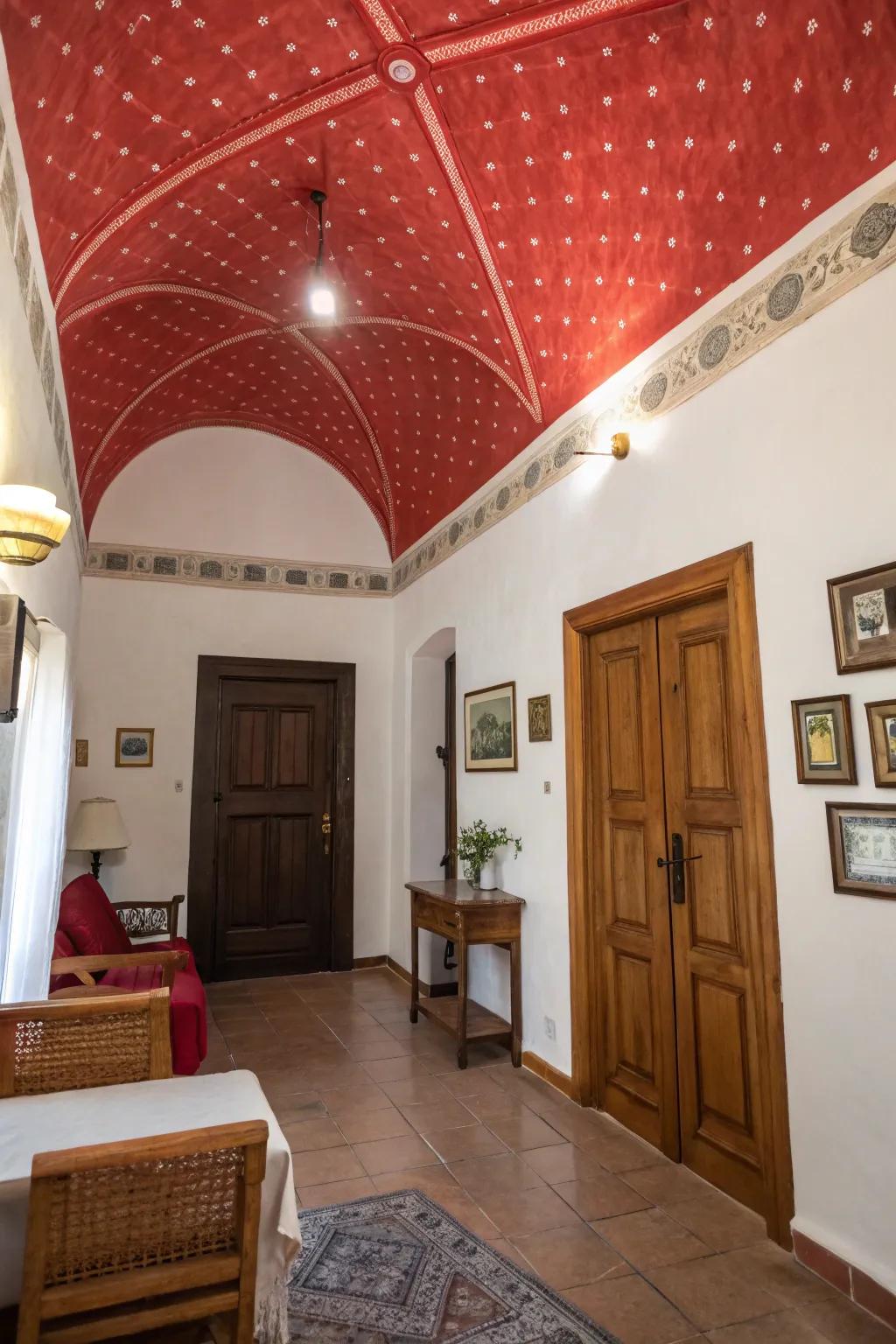 Unexpected crimson accents like a ceiling or door introduce a unique twist.
