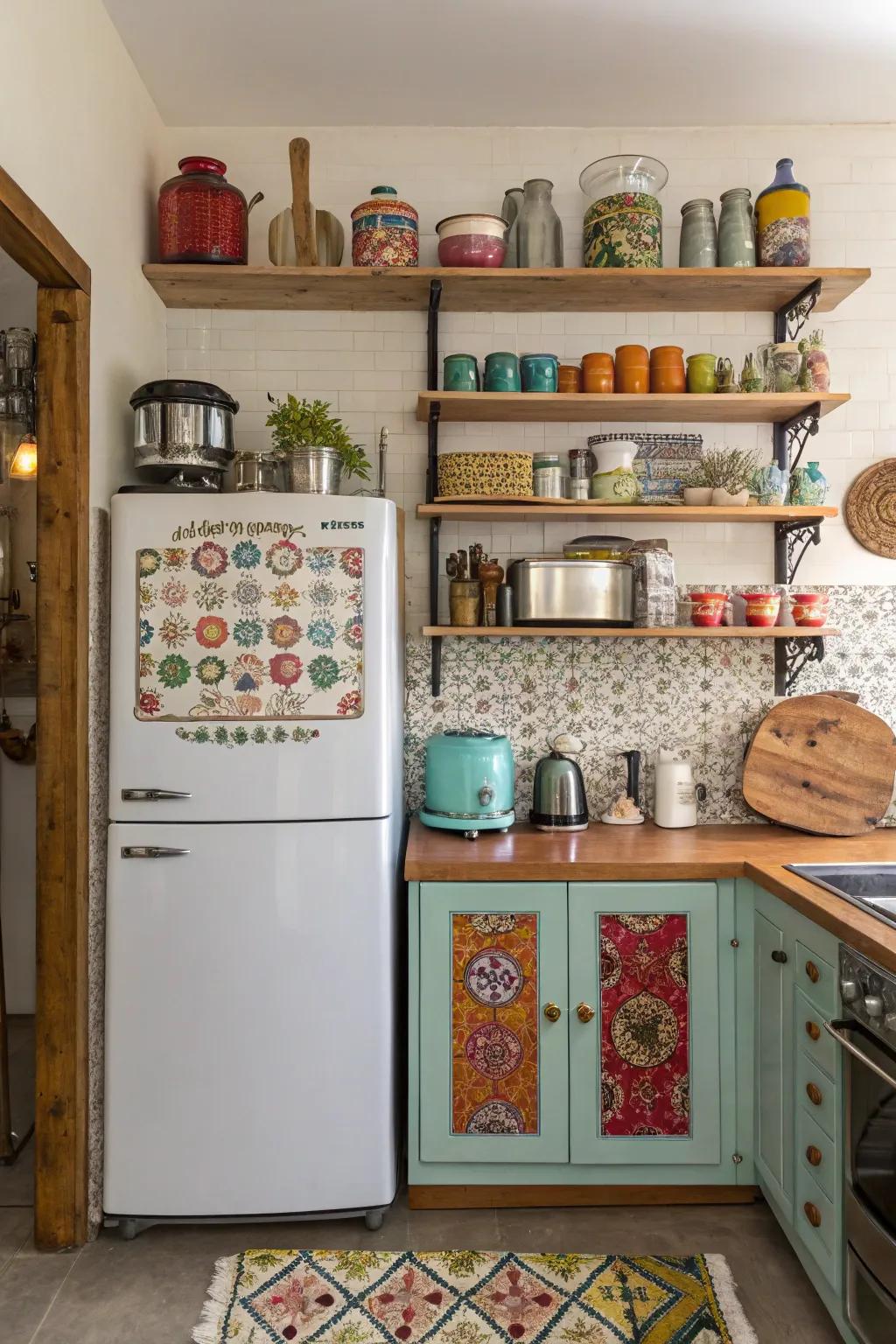 An eclectic mix of styles around the refrigerator adds energy and personality.