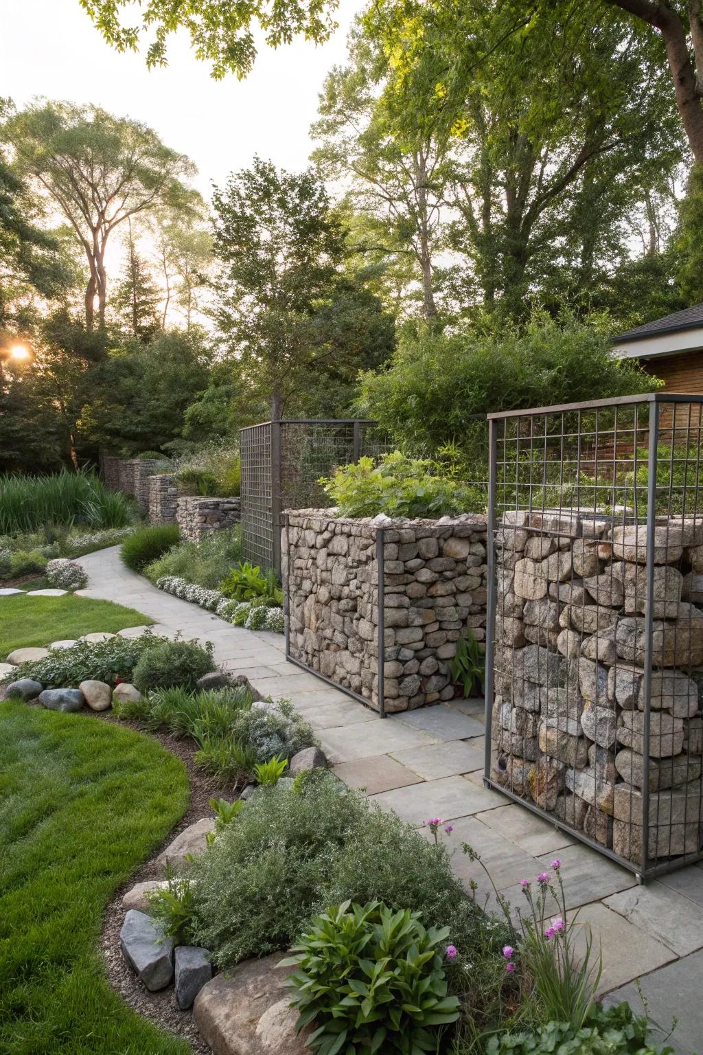 Gabions brimming with stones offer architectural intrigue.