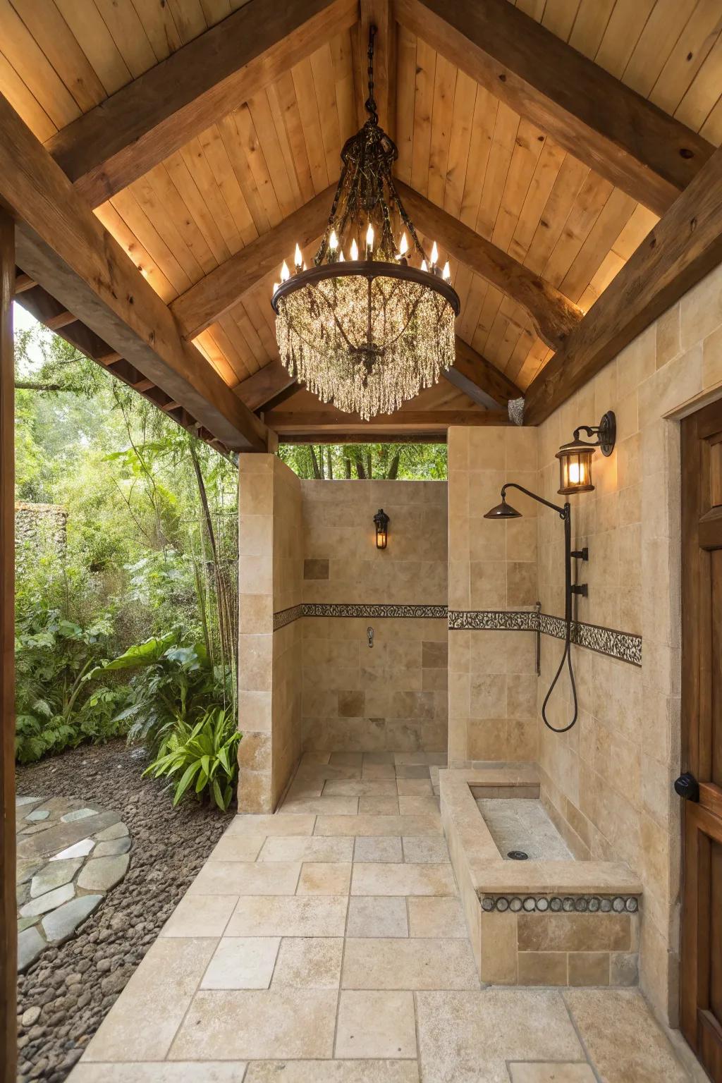 Rustic light fixtures elevate the ambiance.