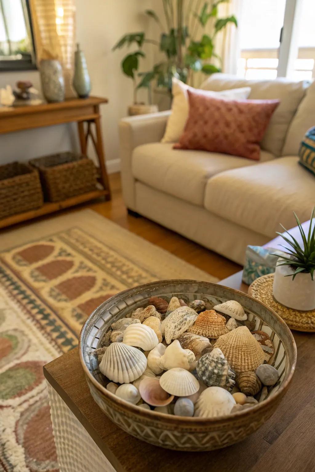 A bowl of seashells delivers a straightforward and inviting display for any chamber.