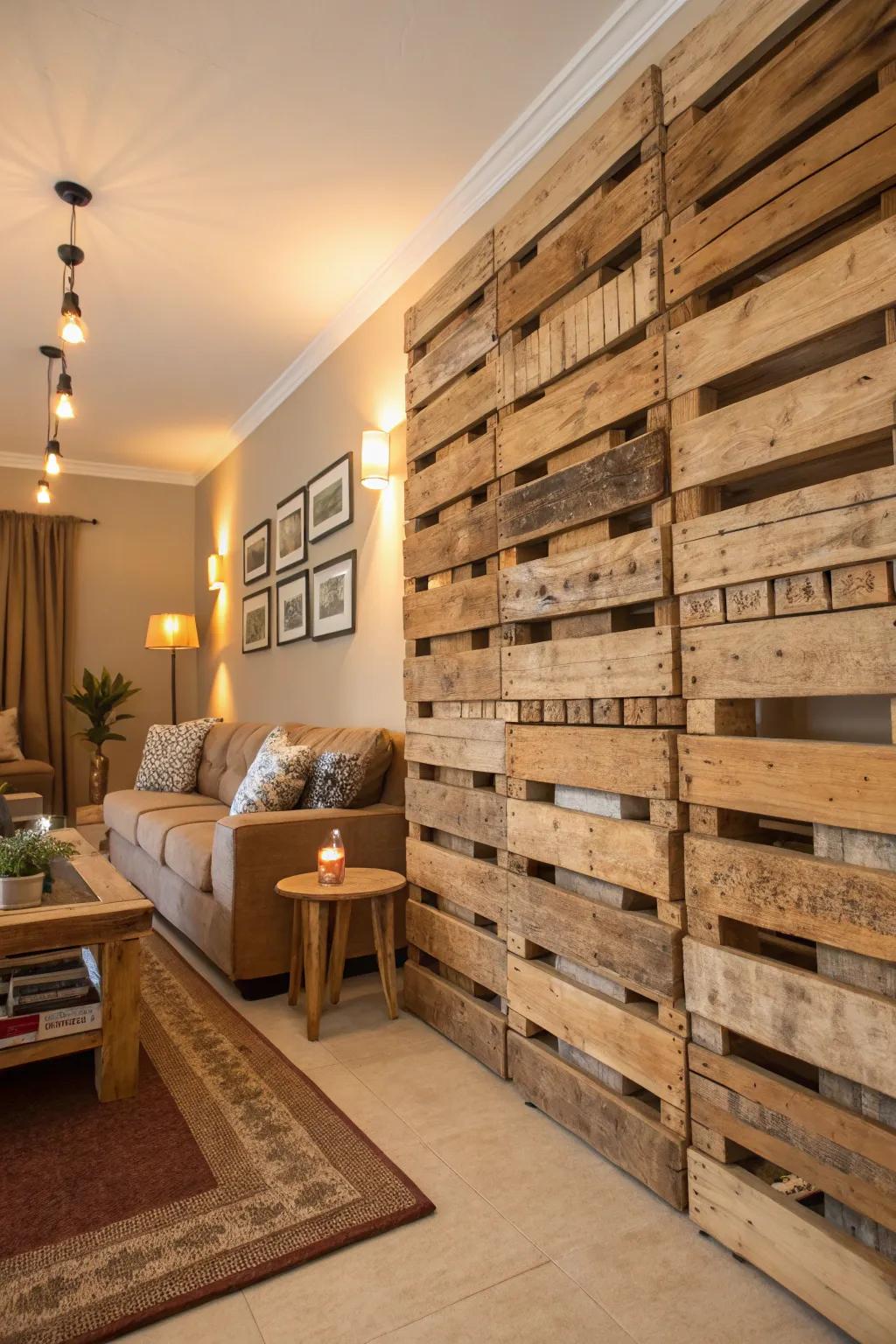 A wooden pallet wall provides rustic charm and warmth.