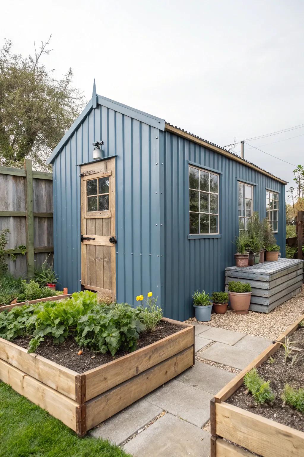 Steel blue sheds offer an industrial chic look with modern and rustic components.