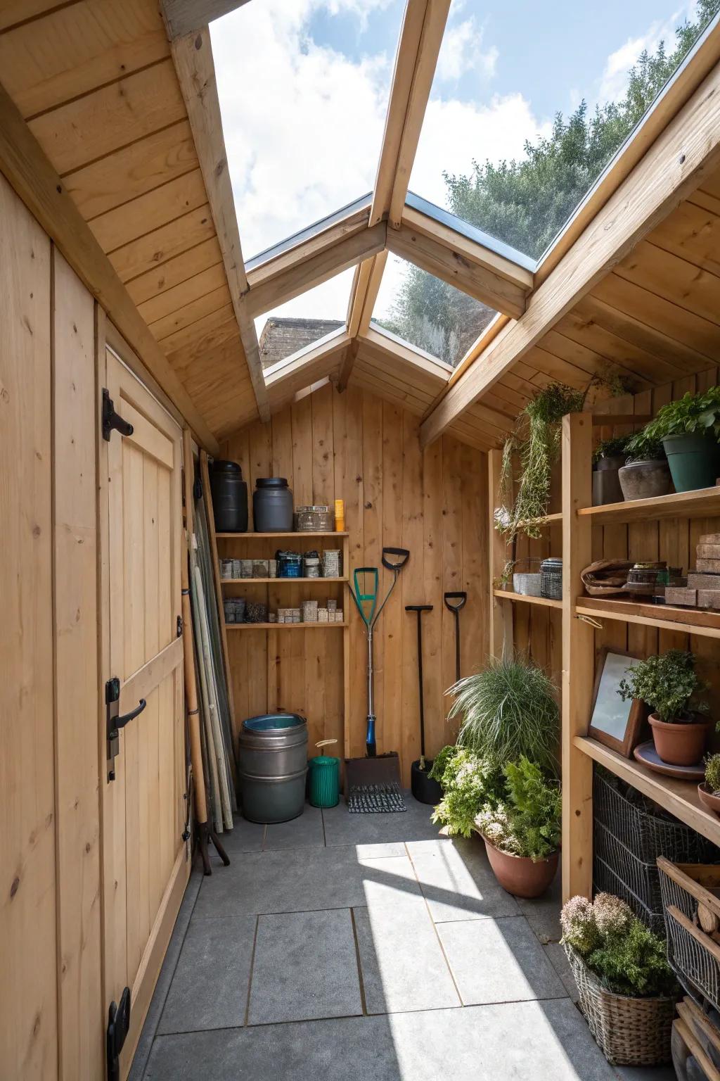 A garden shed featuring a sky window for abundant natural light.
