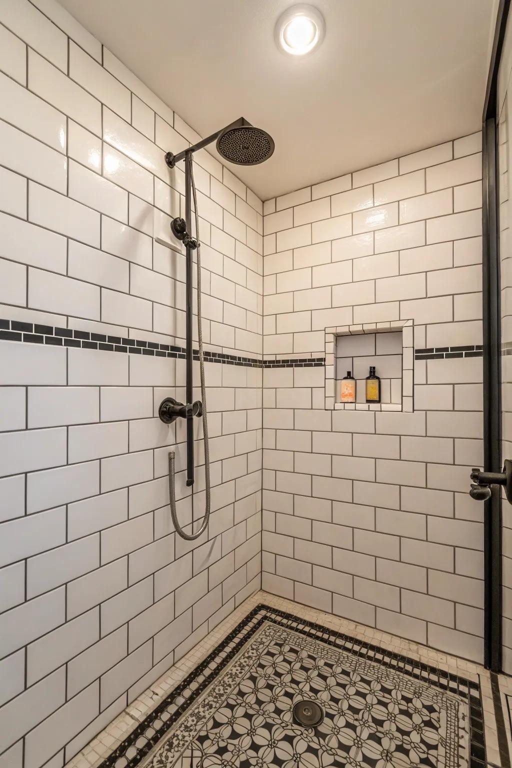 Monochrome coverings establish a chic, timeless shower design.