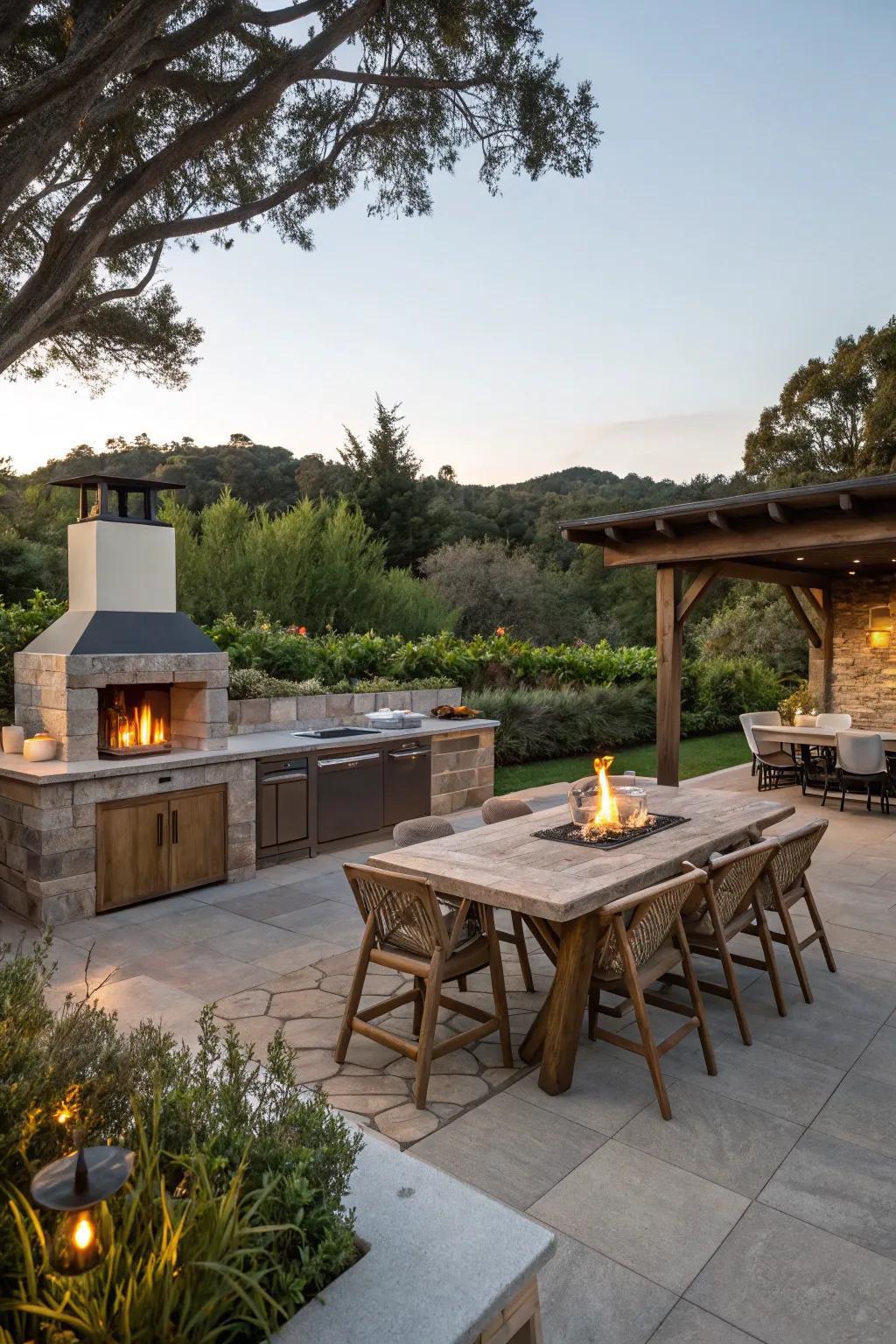 A toasty fire pit injects ambiance and a gathering point to this inviting outdoor kitchen.