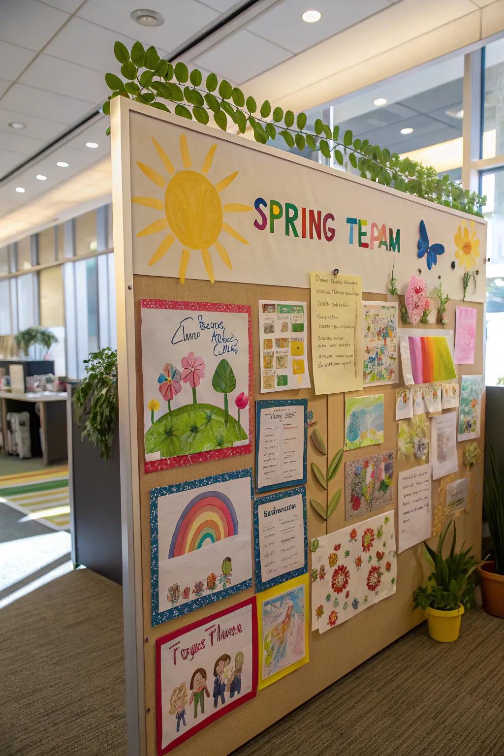 A mini art gallery mood board showcasing spring-themed artwork by colleagues.