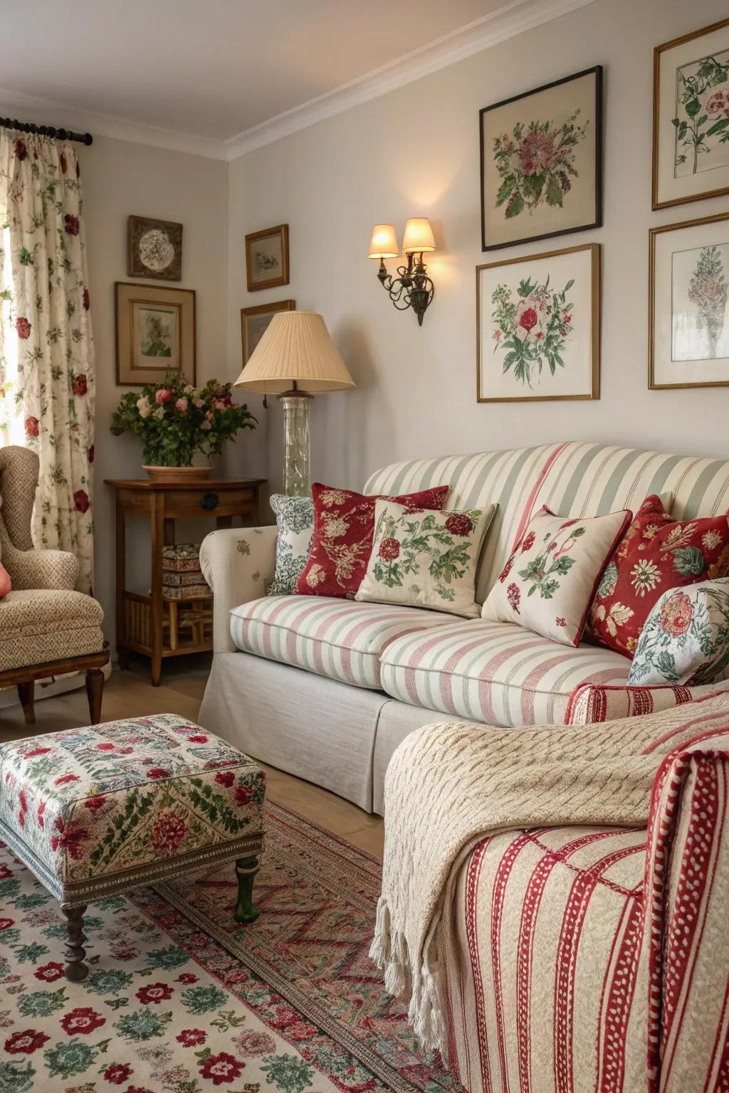 Intermingling patterns contributes energy and character to your spring embellishments.