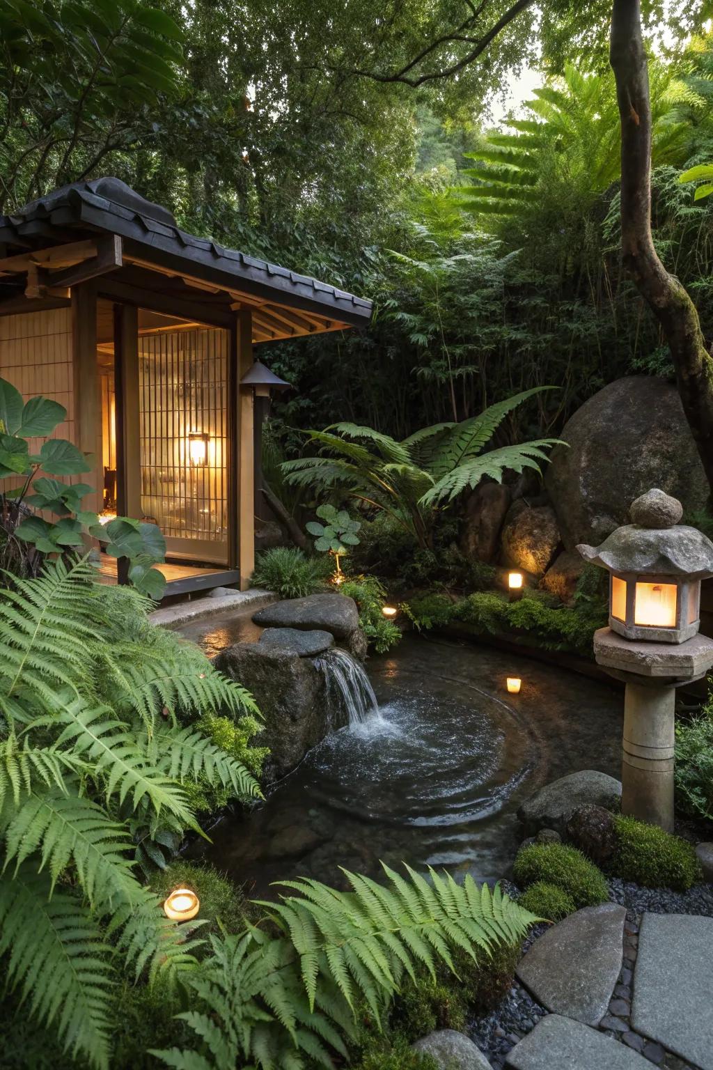 A meditation corner with calming plants provides a serene space for relaxation.