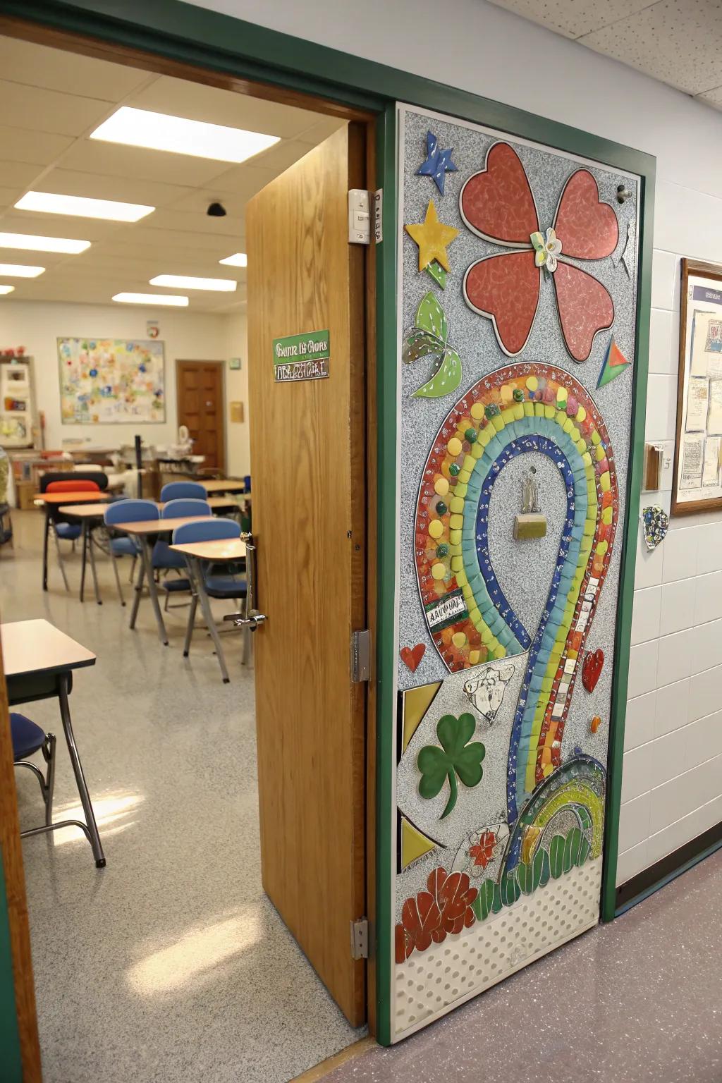 A mosaic of lucky charms made from recycled materials on a classroom door.