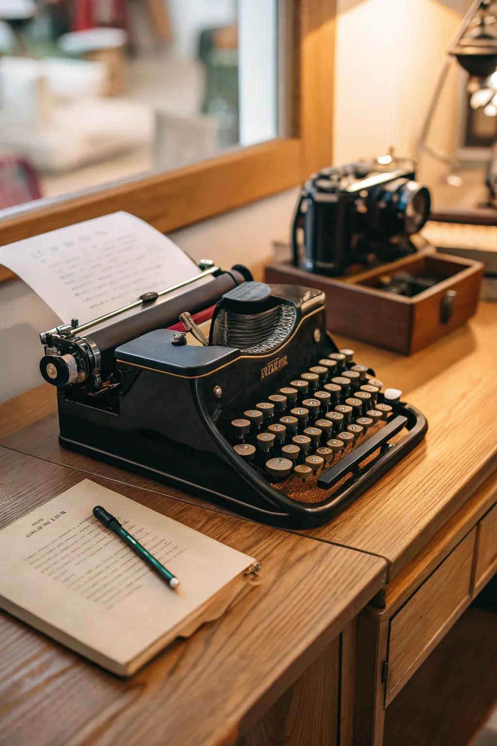 A vintage typewriter imparts a literary touch to your steampunk decorations.