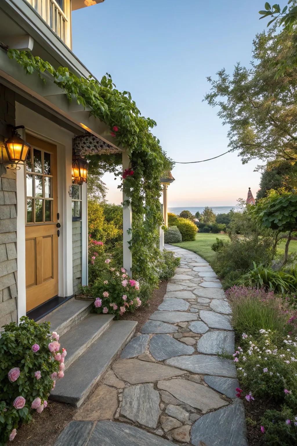 A stone pathway pledges a warm reception.