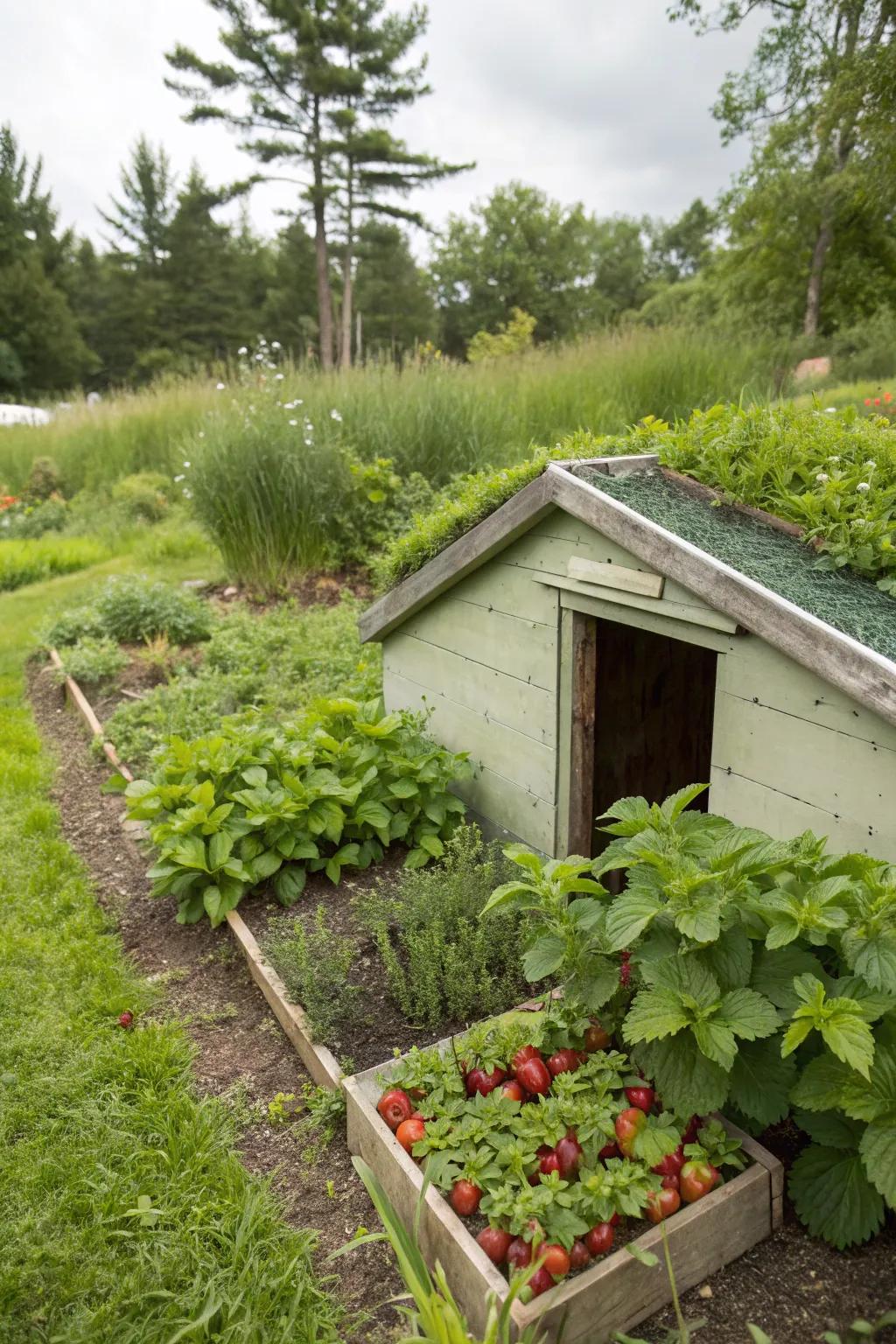 Nutritional landscaping adds flavor and practicality to your storm shelter area.