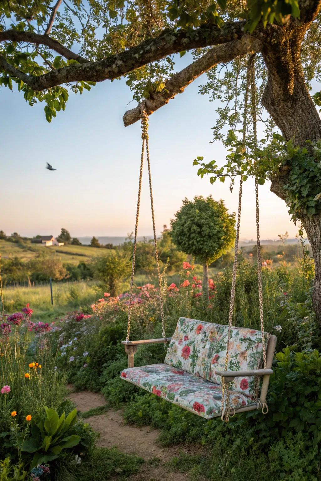 A swing crafted from reclaimed materials showcases eco-friendly creativity.