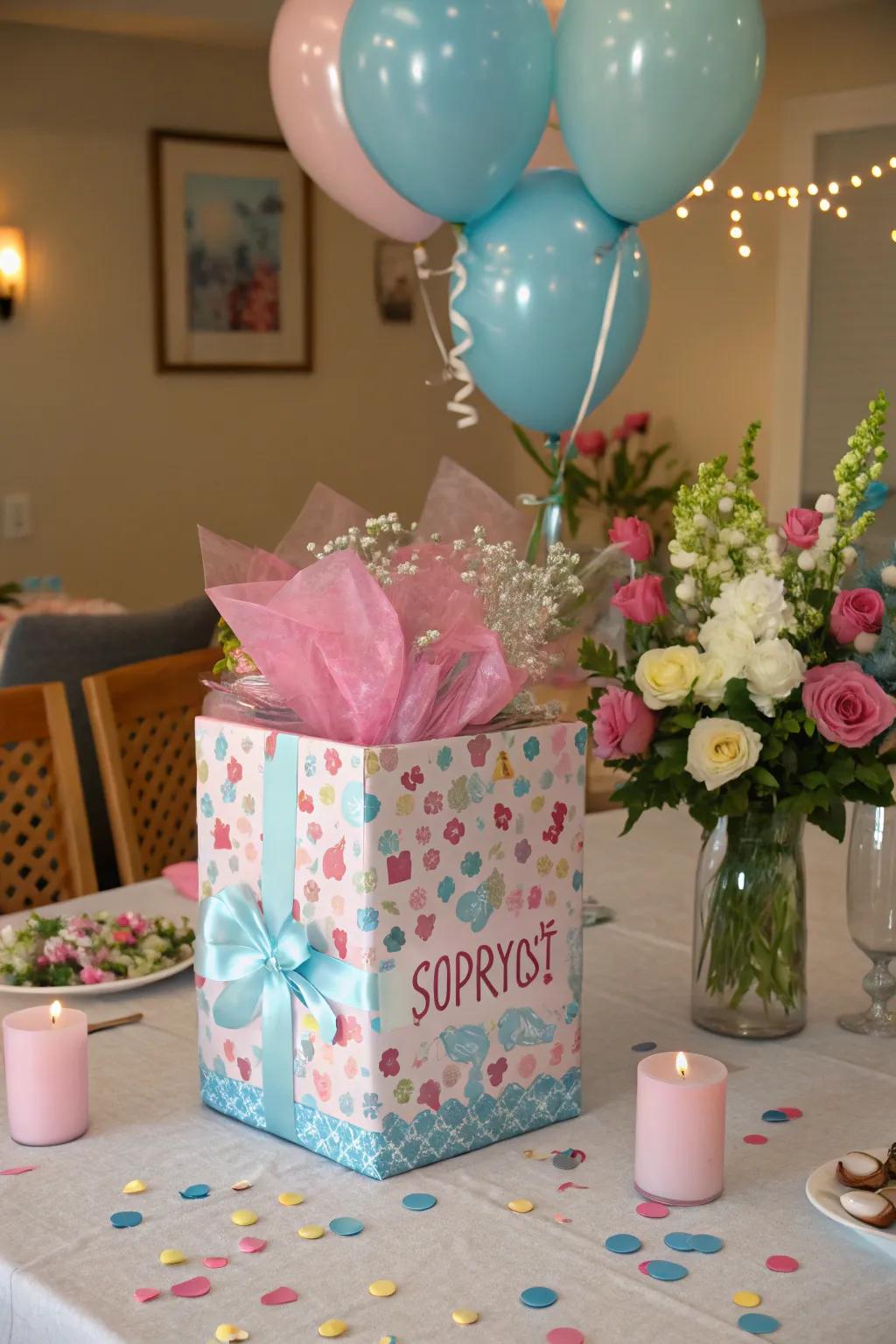 A surprise box serves as an exciting centerpiece, perfect for keeping the suspense alive.