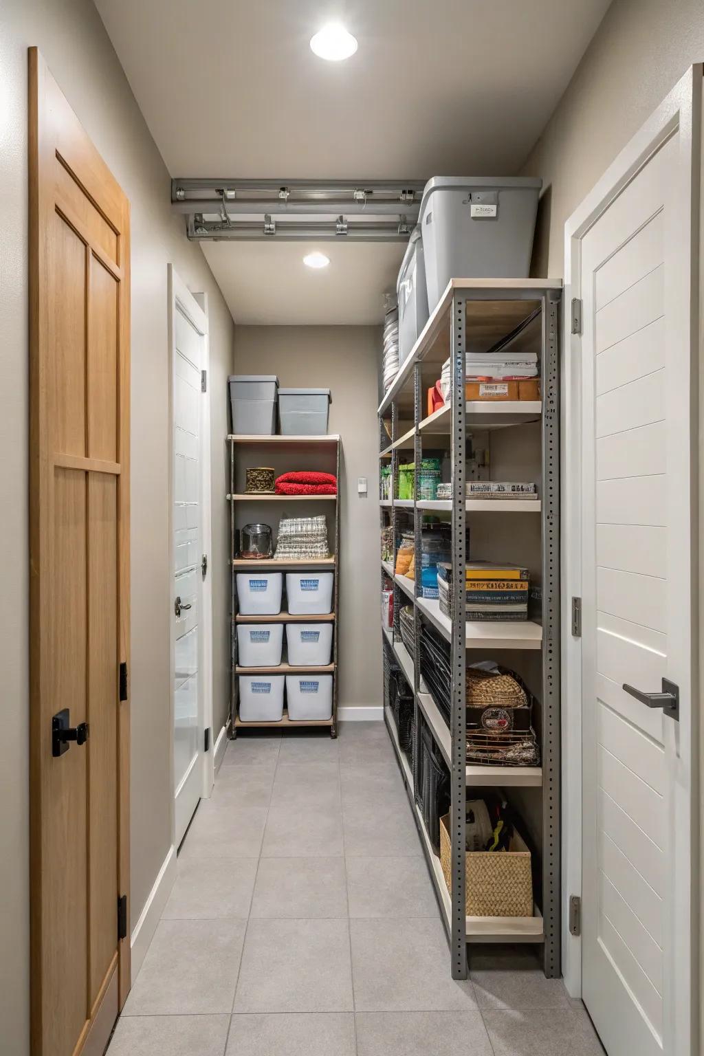 Elevated storage makes use of every inch without cluttering the floor.