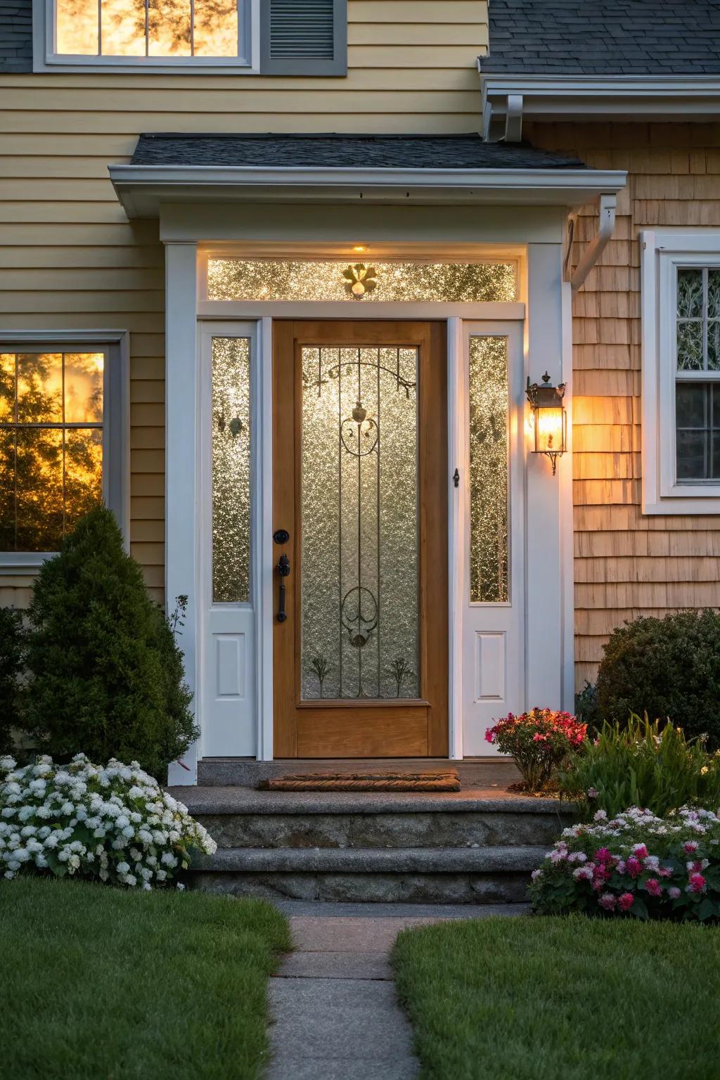 Structured glass panels offer privacy and artistic flair.