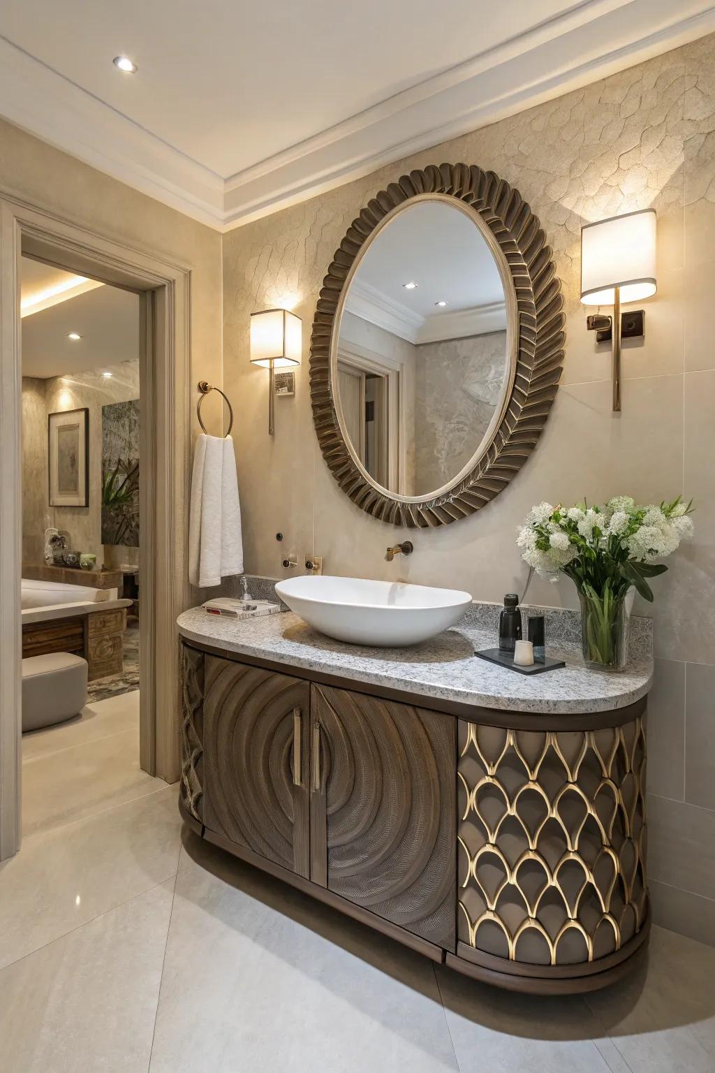 Here, a bathroom vanity is styled as a sculptural piece of art, resulting in a captivating and unique focal point.