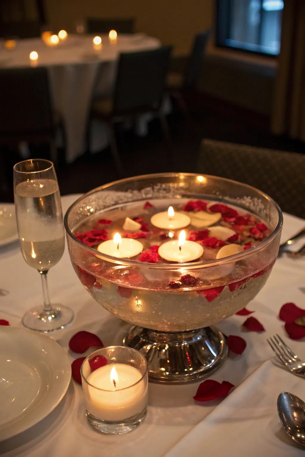 A dessert bowl offering a serene and romantic floating candle display.