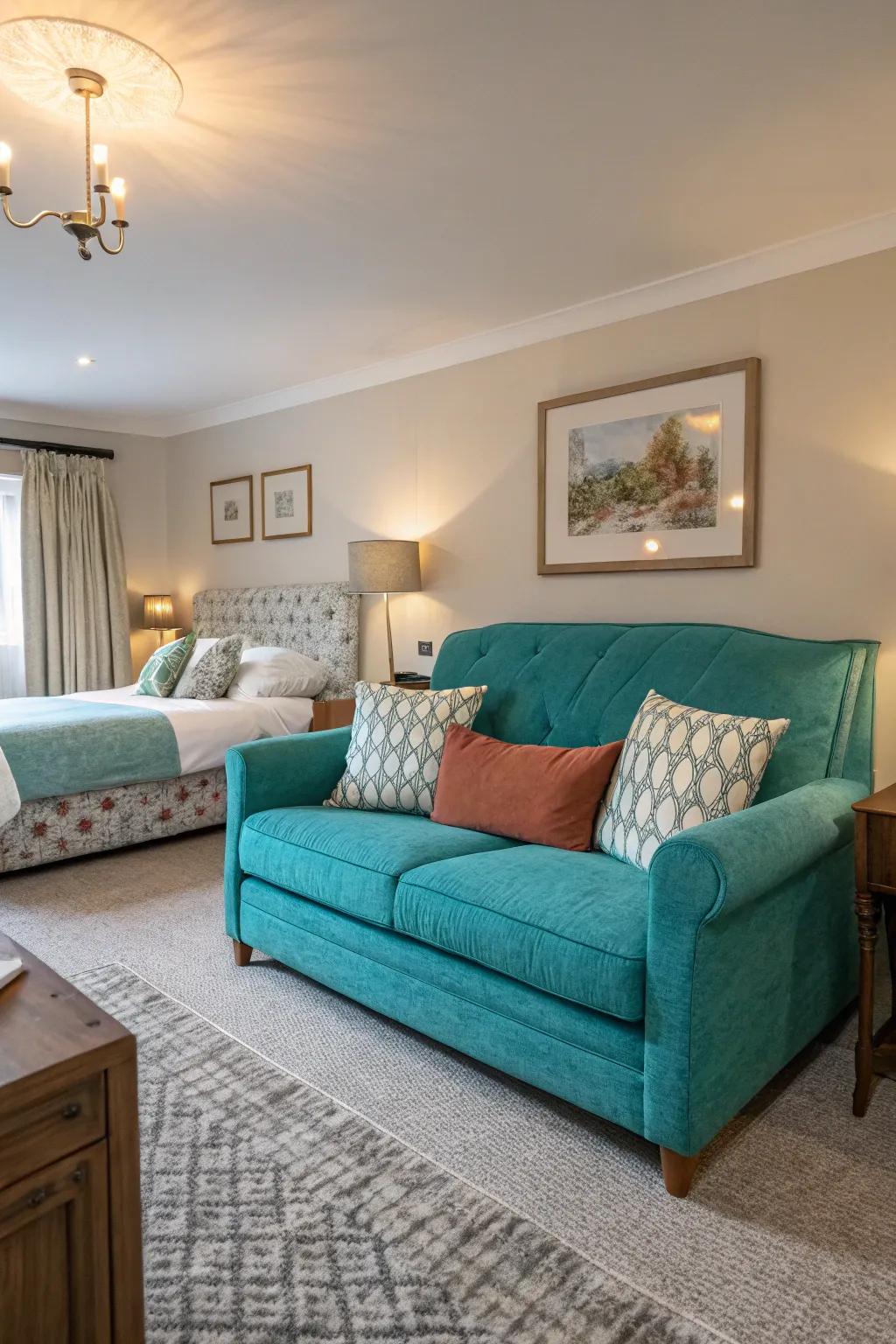 A teal sofa adds a cozy pop of color.