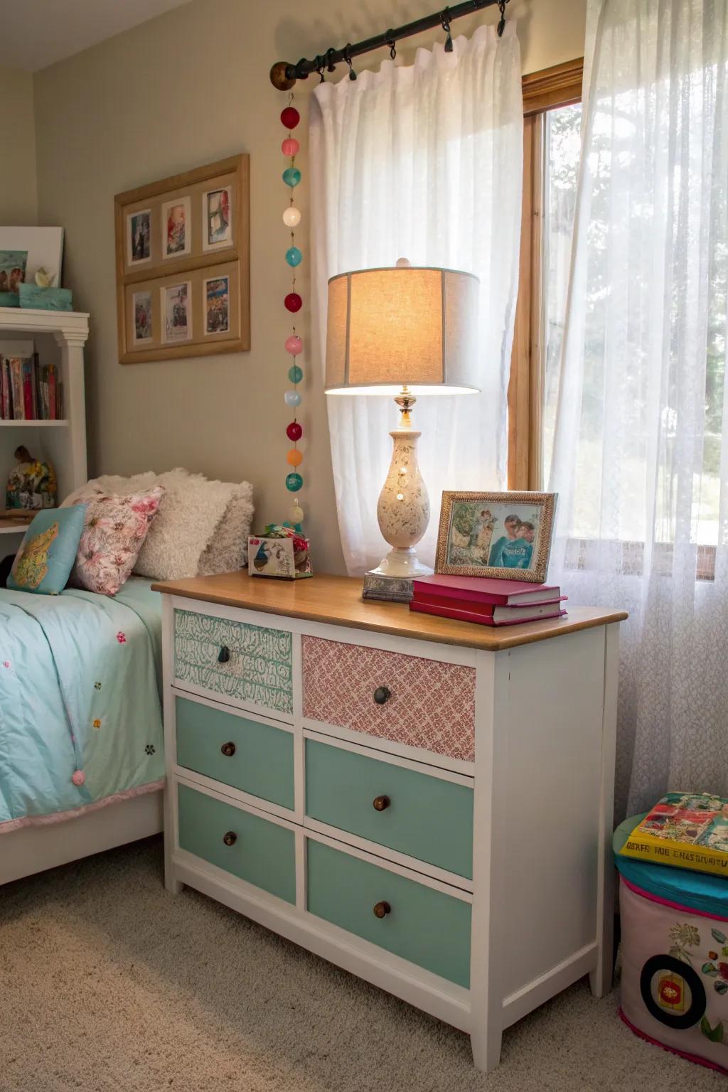 Upcycled furniture brings unique charm and eco-consciousness to a tween's room, creating a sustainable and stylish space.